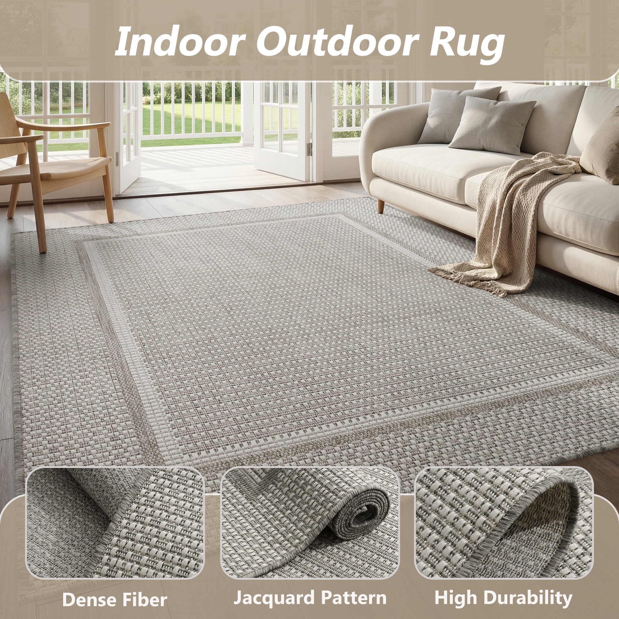 SIXHOME Outdoor Rug Modern Bordered Indoor Outdoor Patio Carpet (Neutral Gray, 9 ft x 12 ft) smlmv