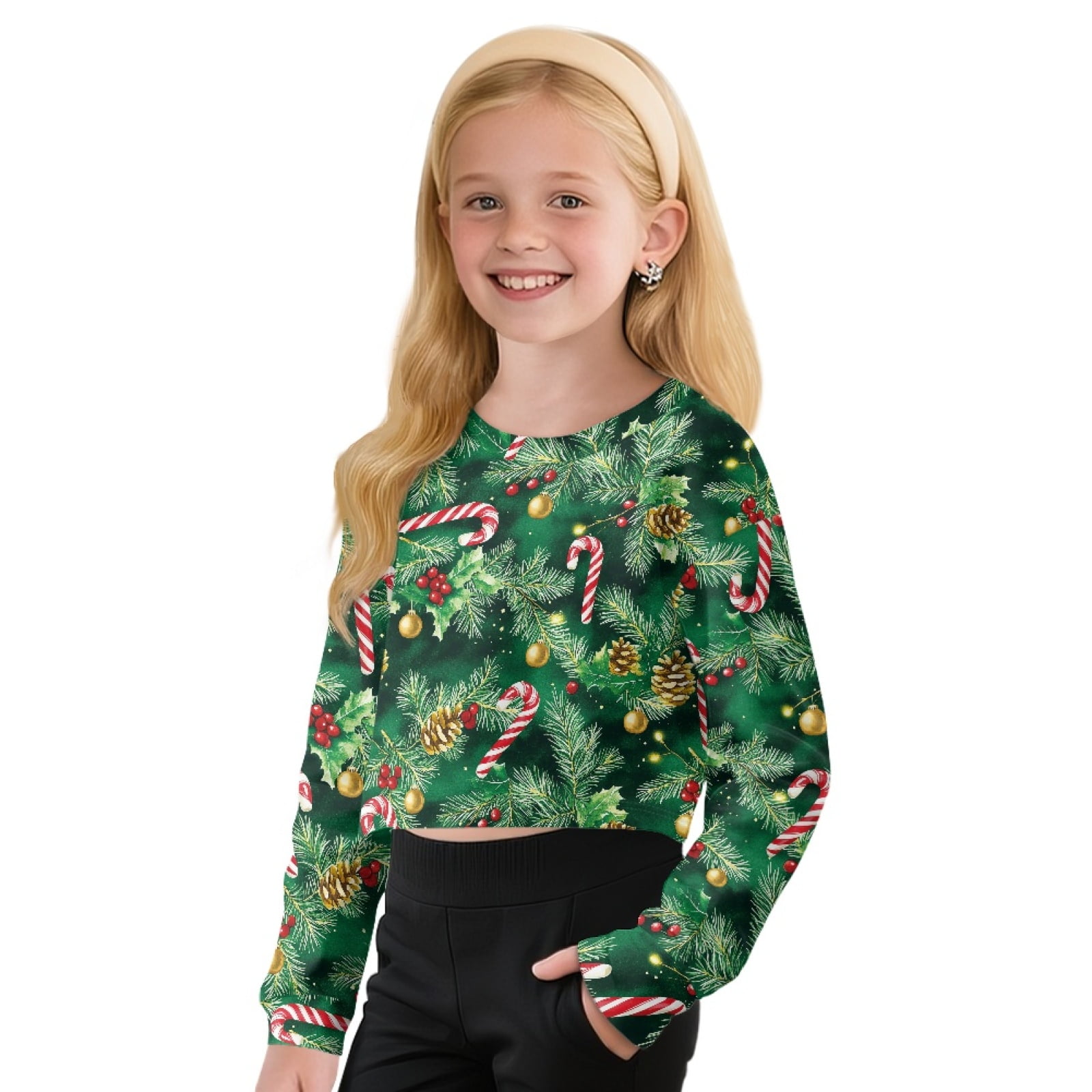 Xoenoiee Girls Christmas Print Cropped Sweatshirt Long Sleeve Pullover (Multi, 7-8 Years) mxjtx