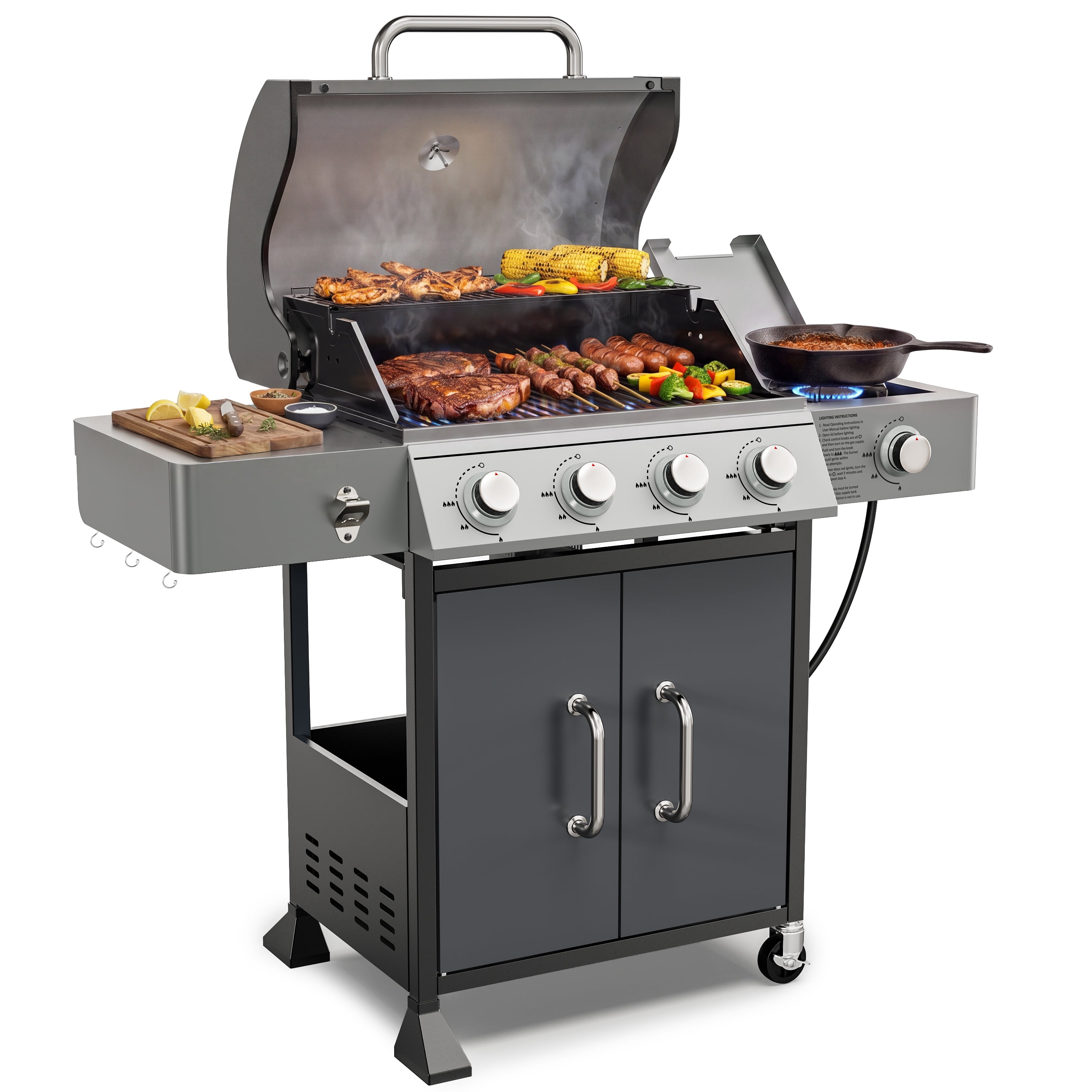 Segmart 4-Burner Propane Gas Grill with Side Burner, Porcelain-Enameled Cast Iron Grates, Built-in Thermometer (Grey, 595 sq. in.) wp7r7