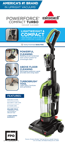 BISSELL PowerForce Compact Turbo Bagless Upright Vacuum, Powerful Suction, Lightweight Design (Green & Black, 8 lb) va6c8