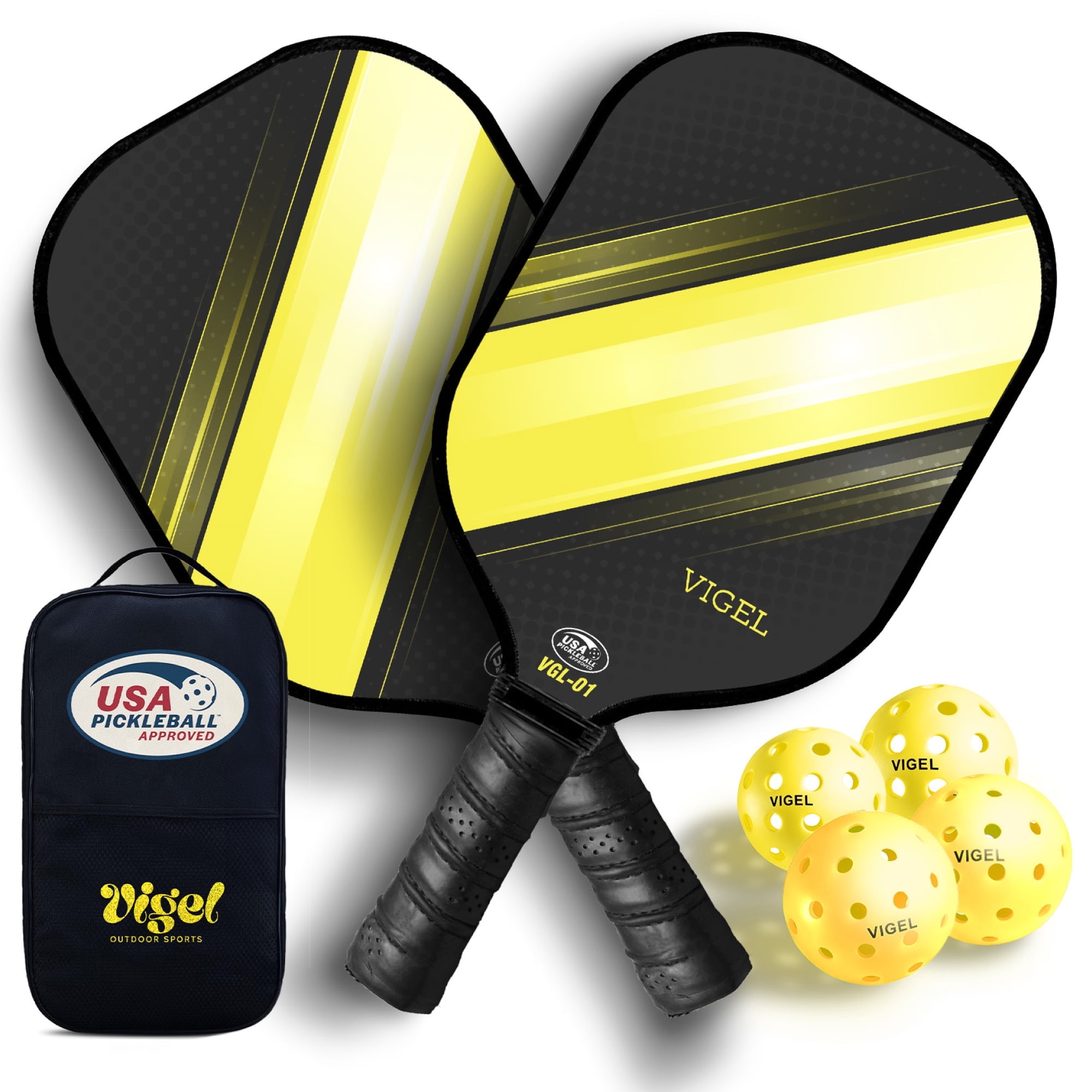 Vigel Pickleball Paddle Set, Professional Fiberglass Rackets with Honeycomb Core (Black, 2-Pack) csnkn