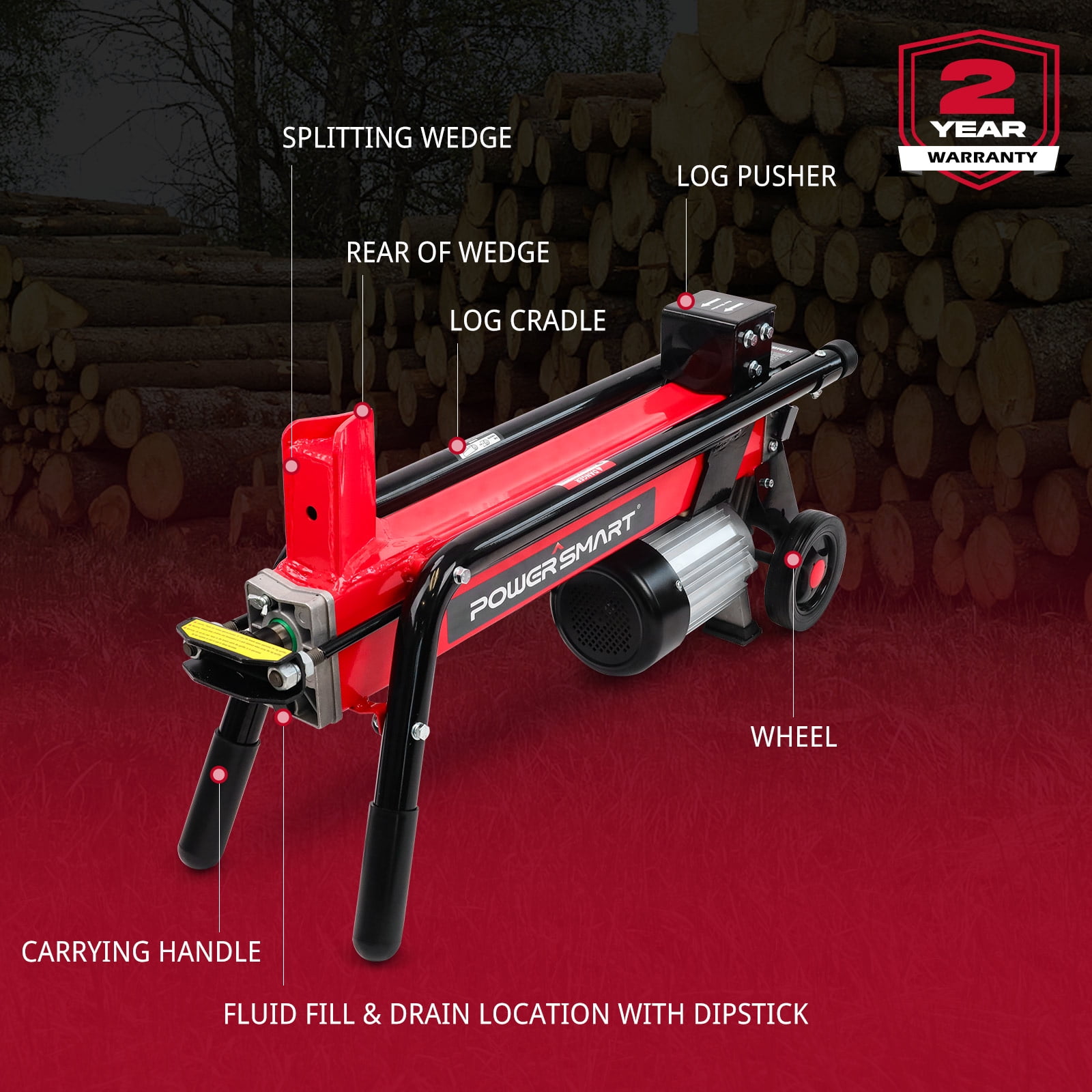 PowerSmart 7-Ton Electric Log Splitter, 15A Motor, Horizontal Wood Splitter for Firewood (20 in Length Capacity) 0kczh