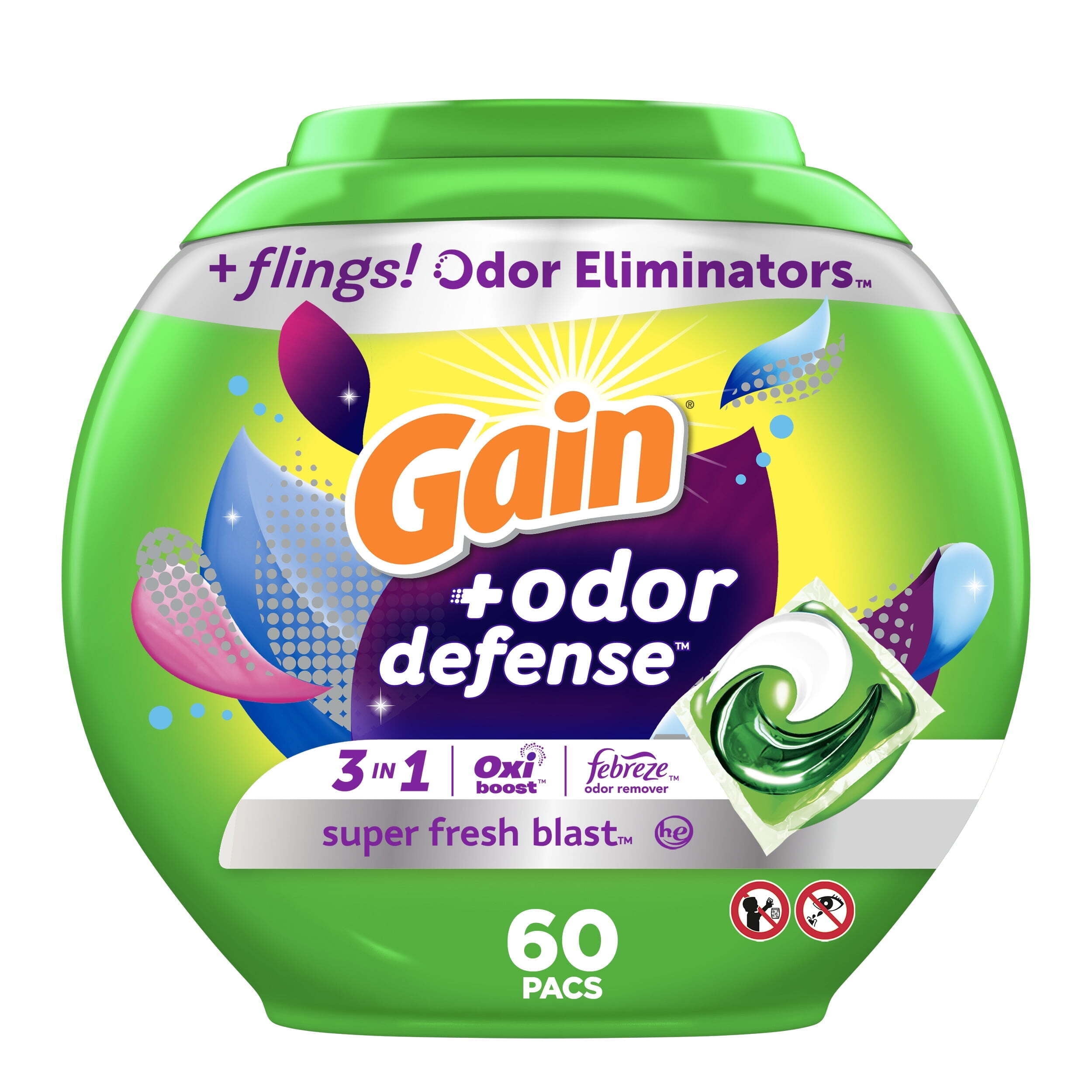 Gain Flings Laundry Detergent Pacs with Odor Defense, Super Fresh Blast Scent (60 Count) ww89q