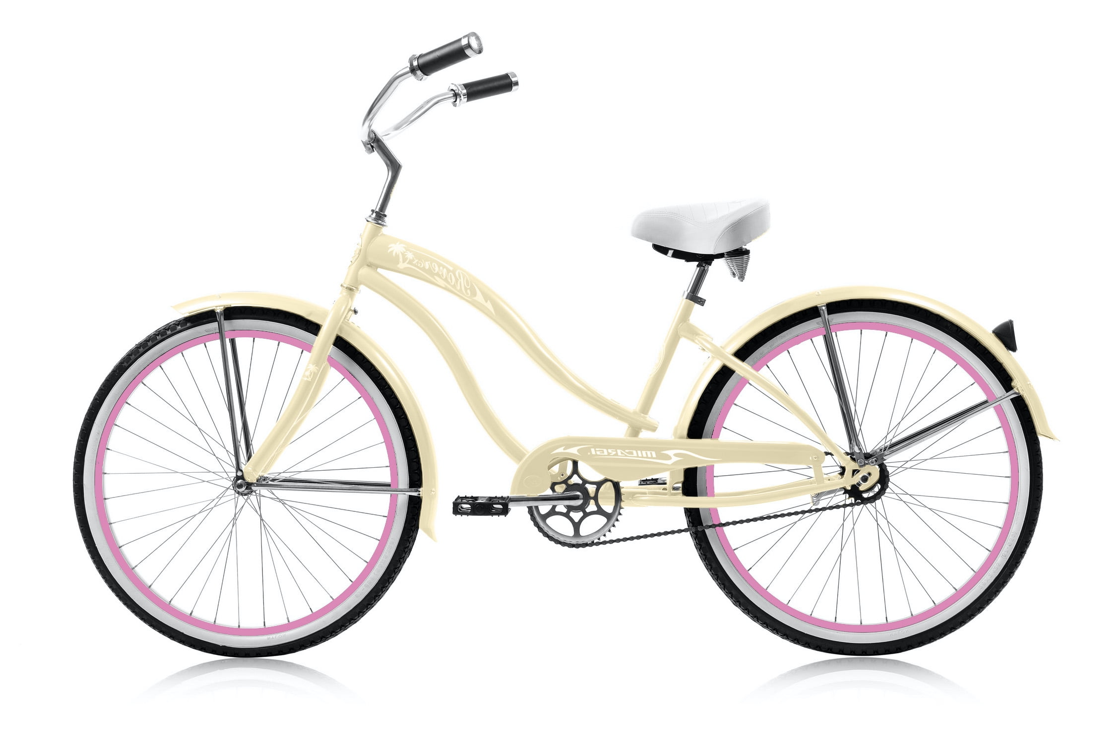 Wonder Wheels 26 in. Beach Cruiser Bicycle, Single Speed Bike with Fenders (Vanilla & Pink, 26 in.) 078ug