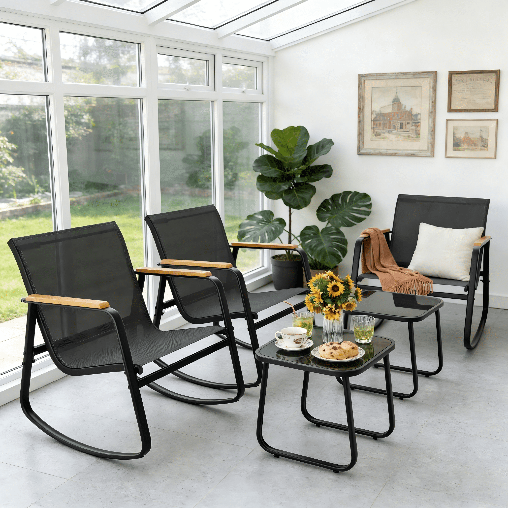Lofka 3 Piece Patio Furniture Set, All-Weather Teslin Outdoor Rocking Chair Set with Tempered Glass Coffee Table (Black, 3 Piece Set) 649ri