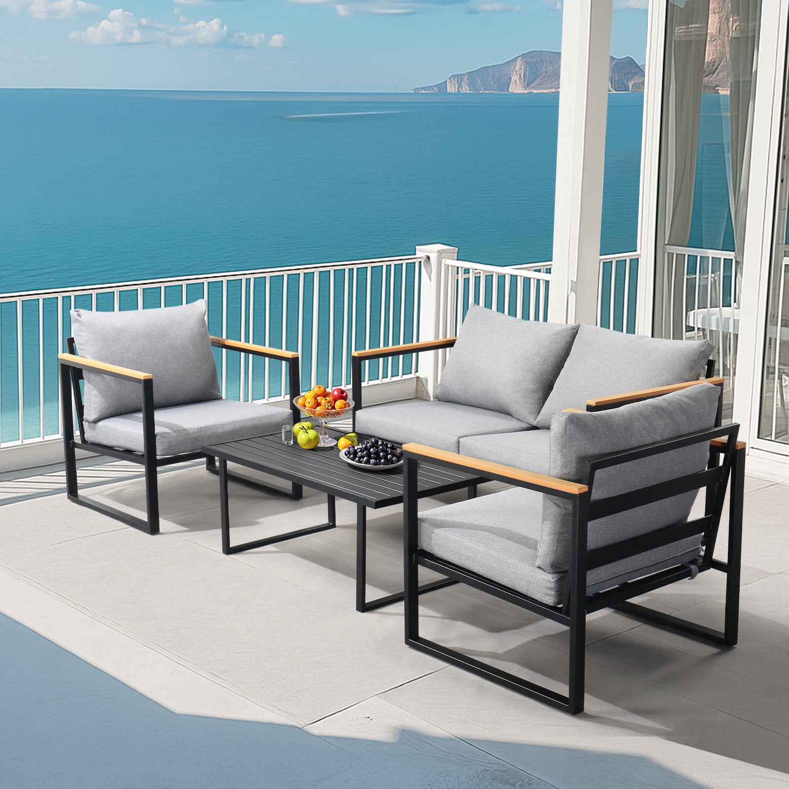 Zimtown 4-Piece Outdoor Patio Conversation Set, Weather-Resistant Metal Furniture with Cushions (Gray, 4-Piece) 418ih