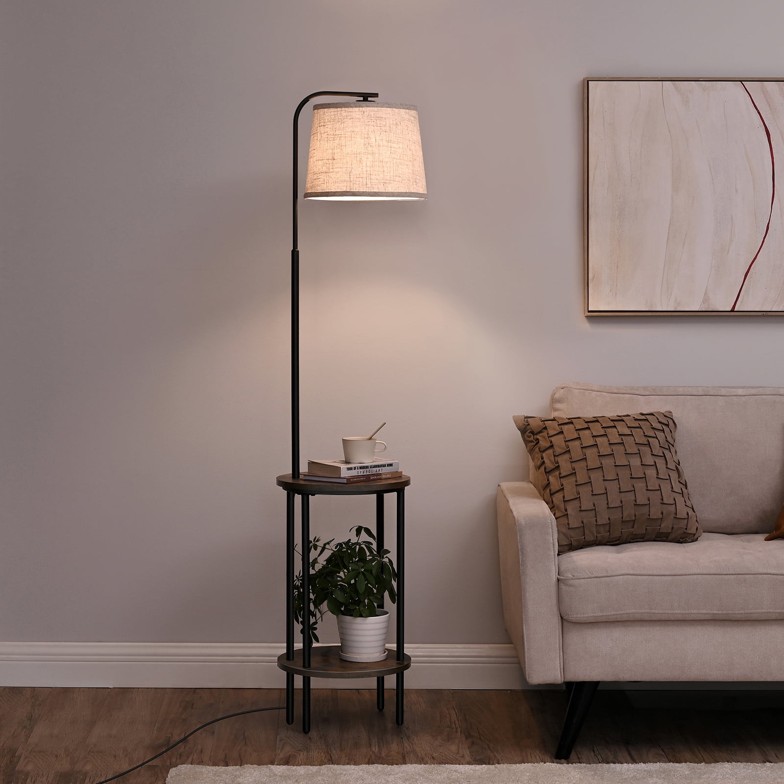 DEWENWILS Rustic Farmhouse Floor Lamp with Attached End Table, Adjustable Reading Light for Living Room and Bedroom (Brown, 62 in) lvb6r