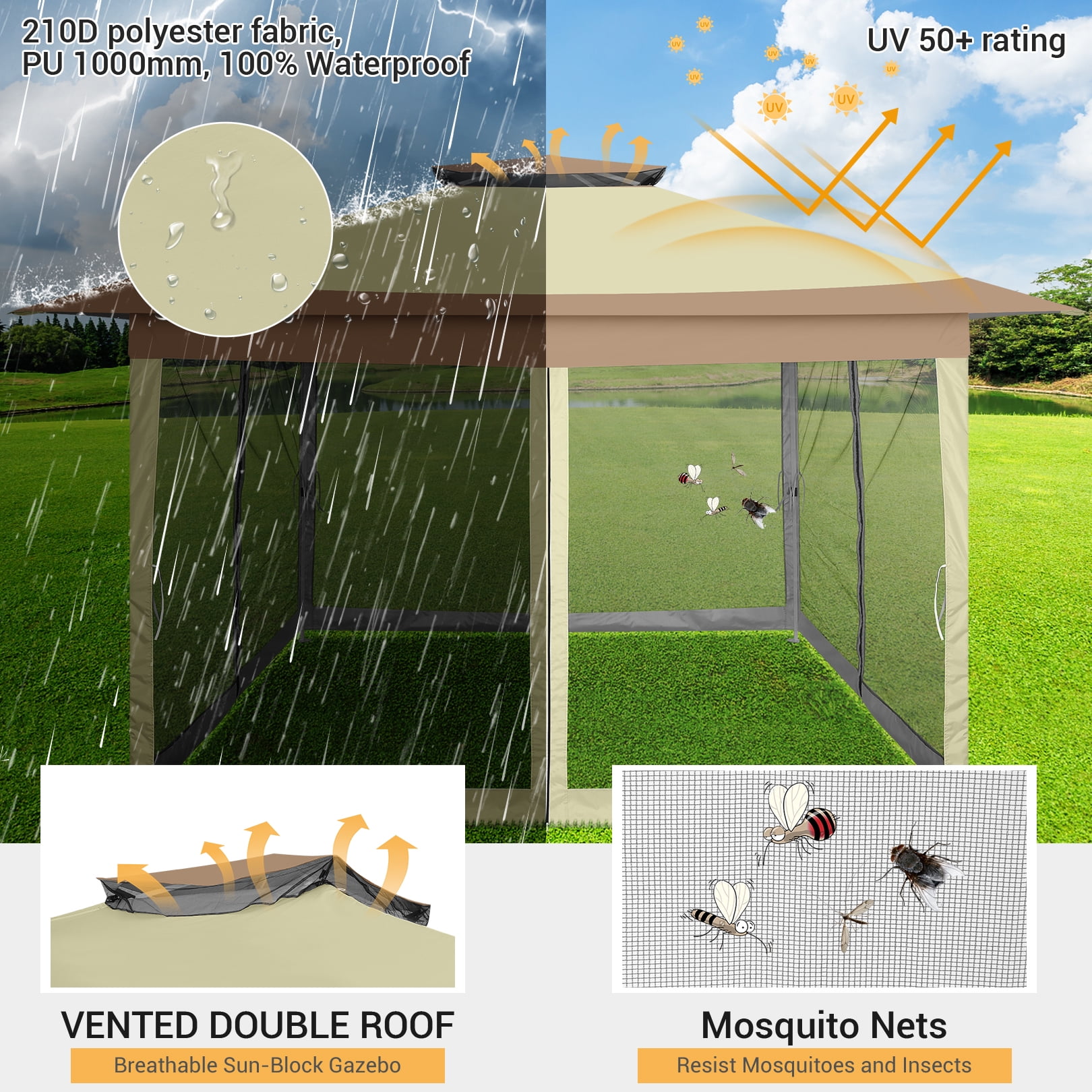 SANOPY Outdoor Pop-up Gazebo with Mosquito Netting and Sandbags (Light Brown, 12x12 ft) 63tns