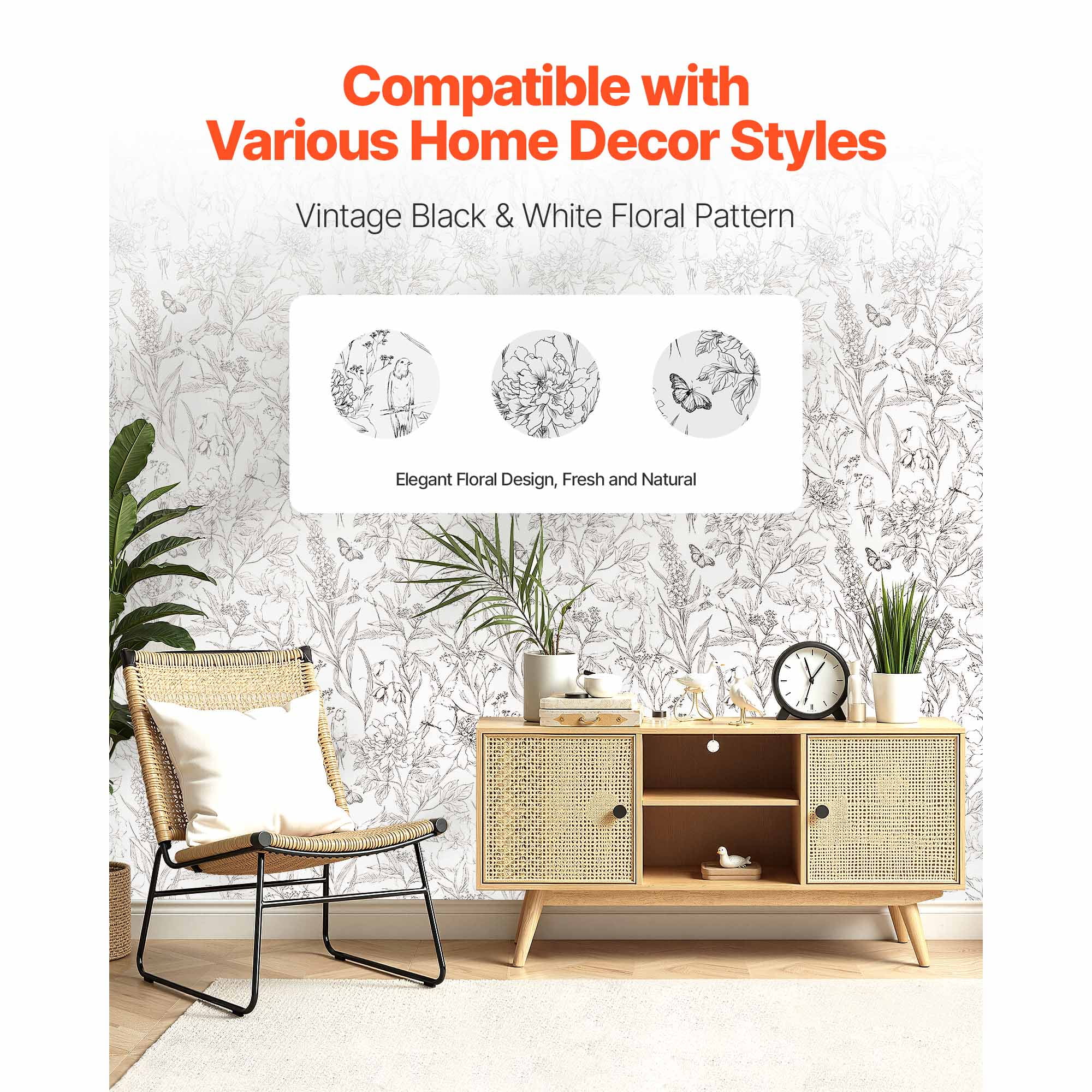 KFFKFF Peel and Stick Wallpaper, Botanical Floral Contact Paper, Waterproof Self-Adhesive Vinyl for Home Decor (White, 17.7 in x 32.8 ft) ok40v