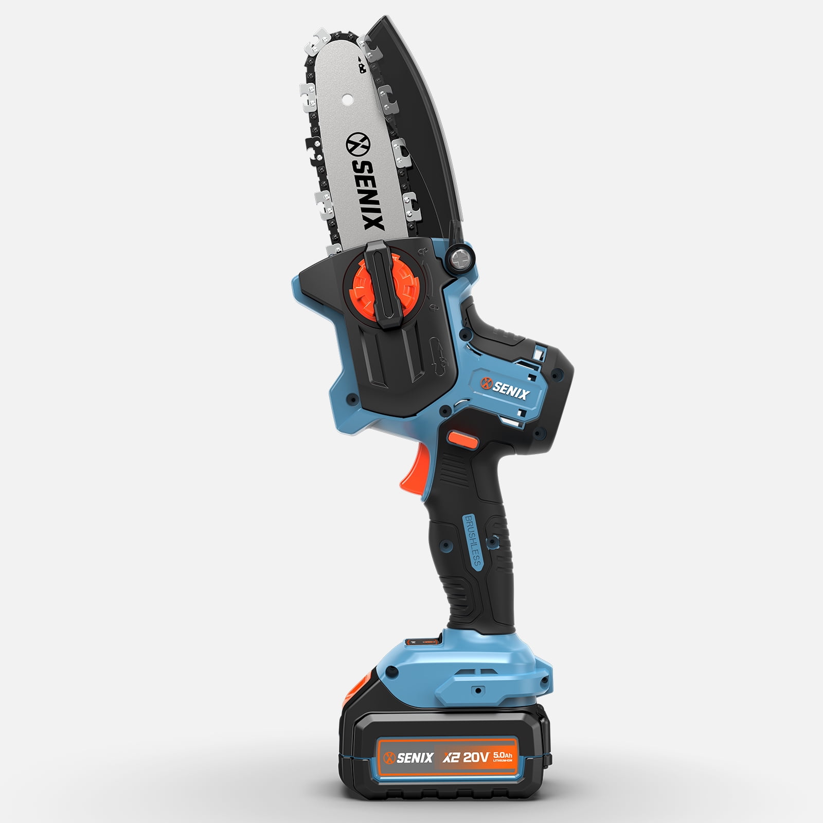 Senix 20V Cordless Mini Chainsaw, High-Efficiency Brushless Motor with 5Ah Battery and Charger (Blue, 5 in) qo9ur