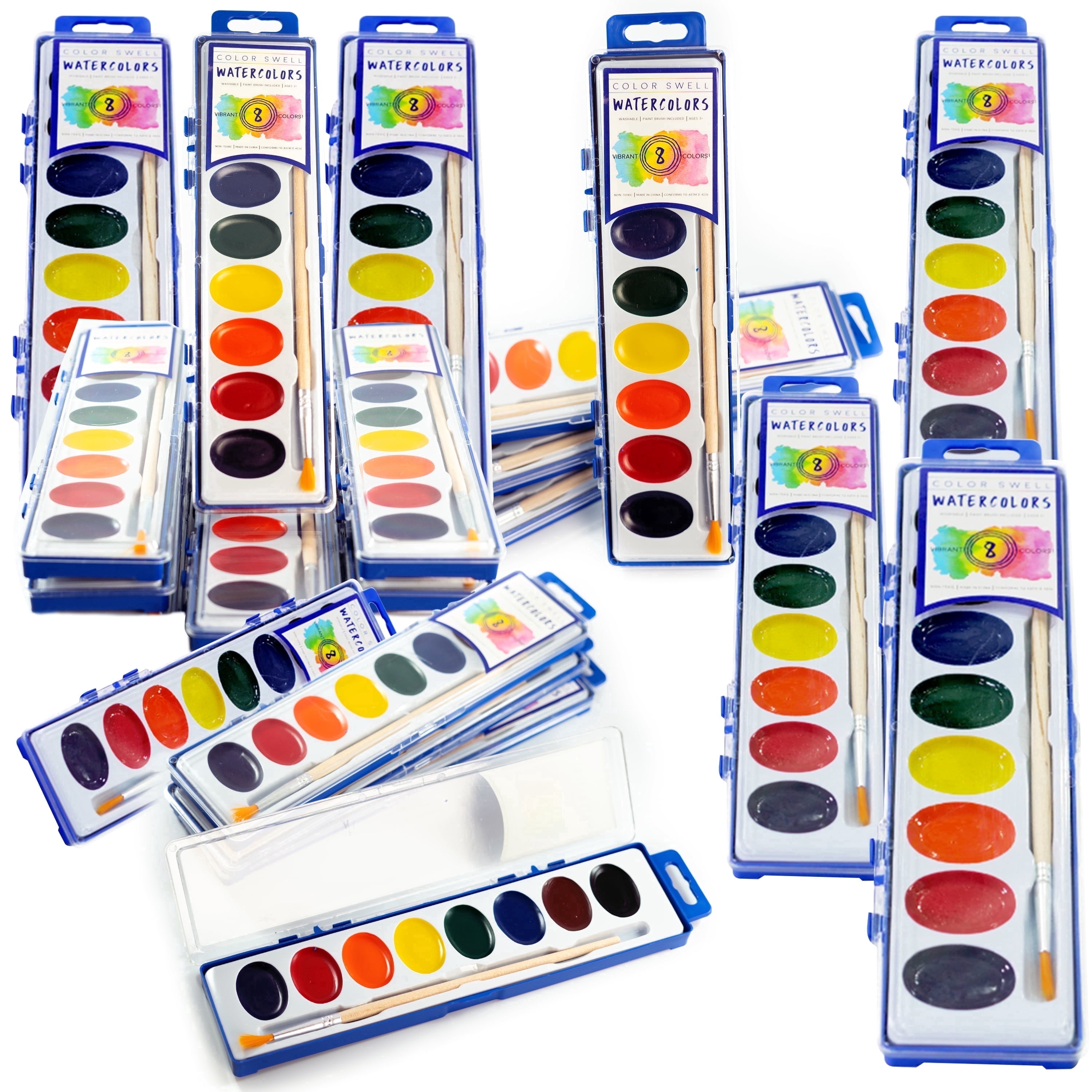 Color Swell Washable Watercolor Paint Set with Wood Brushes (Assorted, 20-Pack) 4nnem