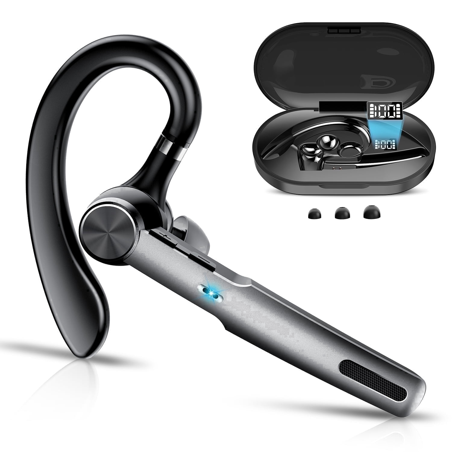 Aptkdoe Single-Ear Bluetooth Headset with ENC Microphone, Wireless Earpiece for Business and Driving (Black, 400mAh Charging Case) 1vq2c