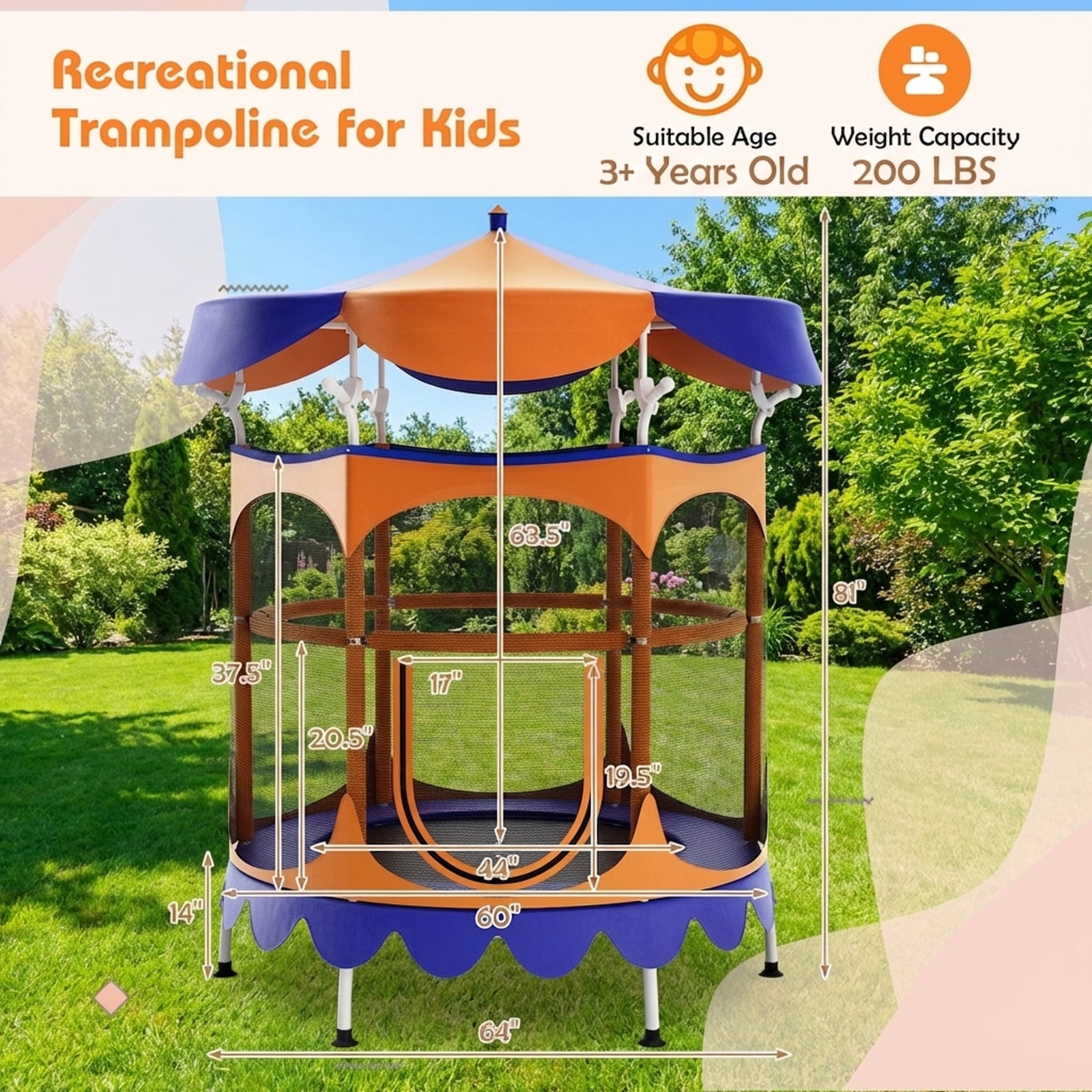 Redsmile 64 Inch Kids Trampoline with Detachable Canopy and Safety Enclosure Net (Orange, 64 in) kq0mu
