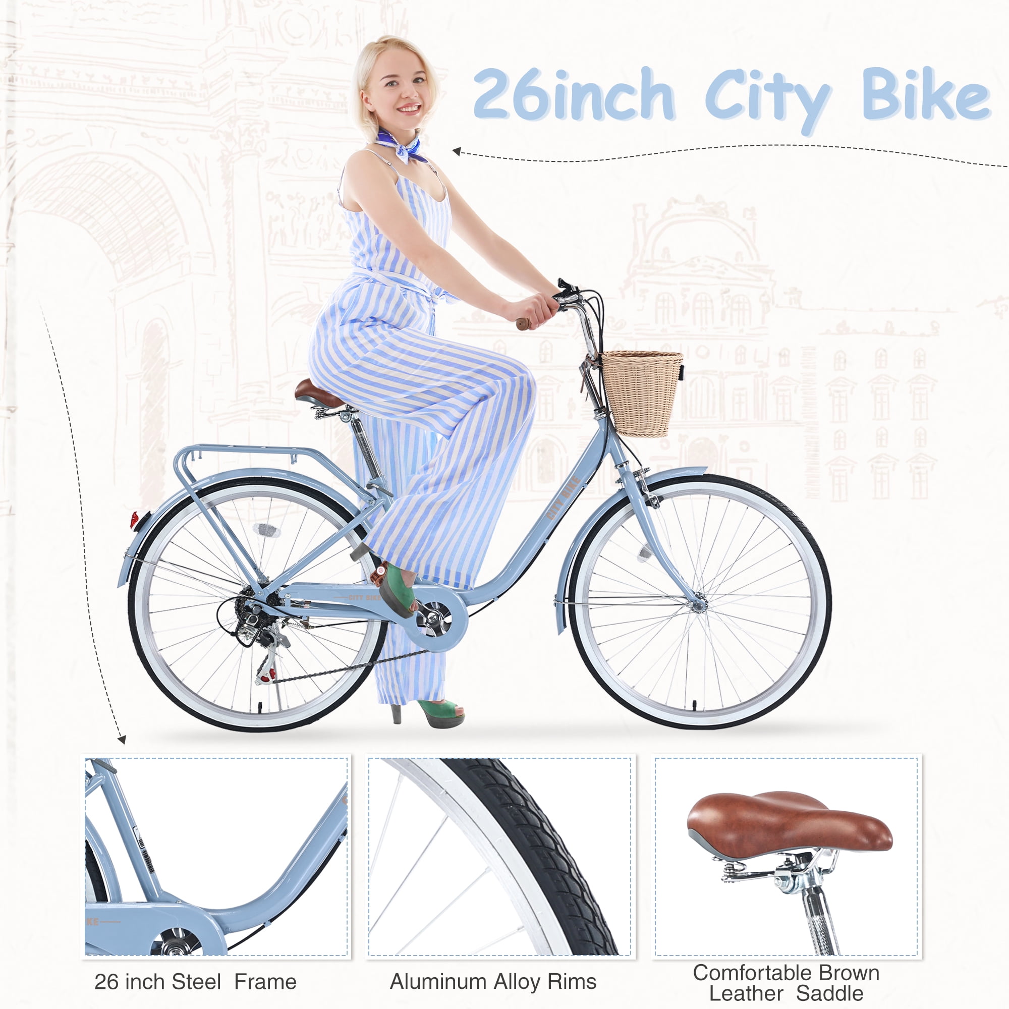 Aezusy Women's 26 in Beach Cruiser Bike, Shimano 7-Speed Commuter Bicycle with Basket (Blue, 26 in) gcyq2