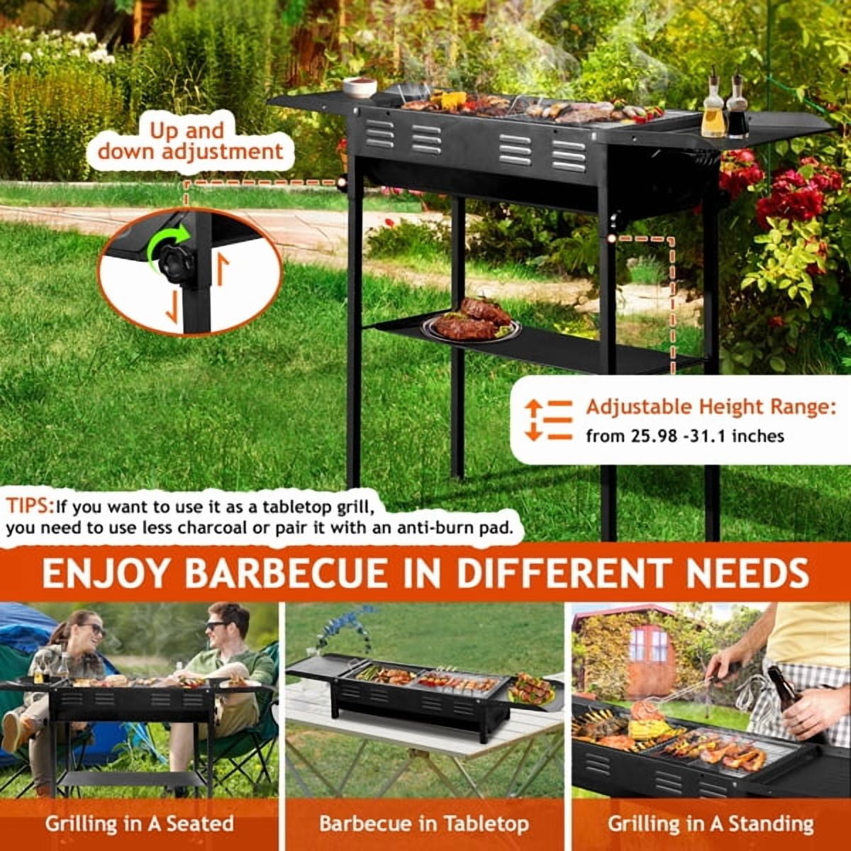 Alvantor Portable Foldable Charcoal Grill, Outdoor BBQ Grill with 2-in-1 Griddle and Side Trays (Black) uxexl
