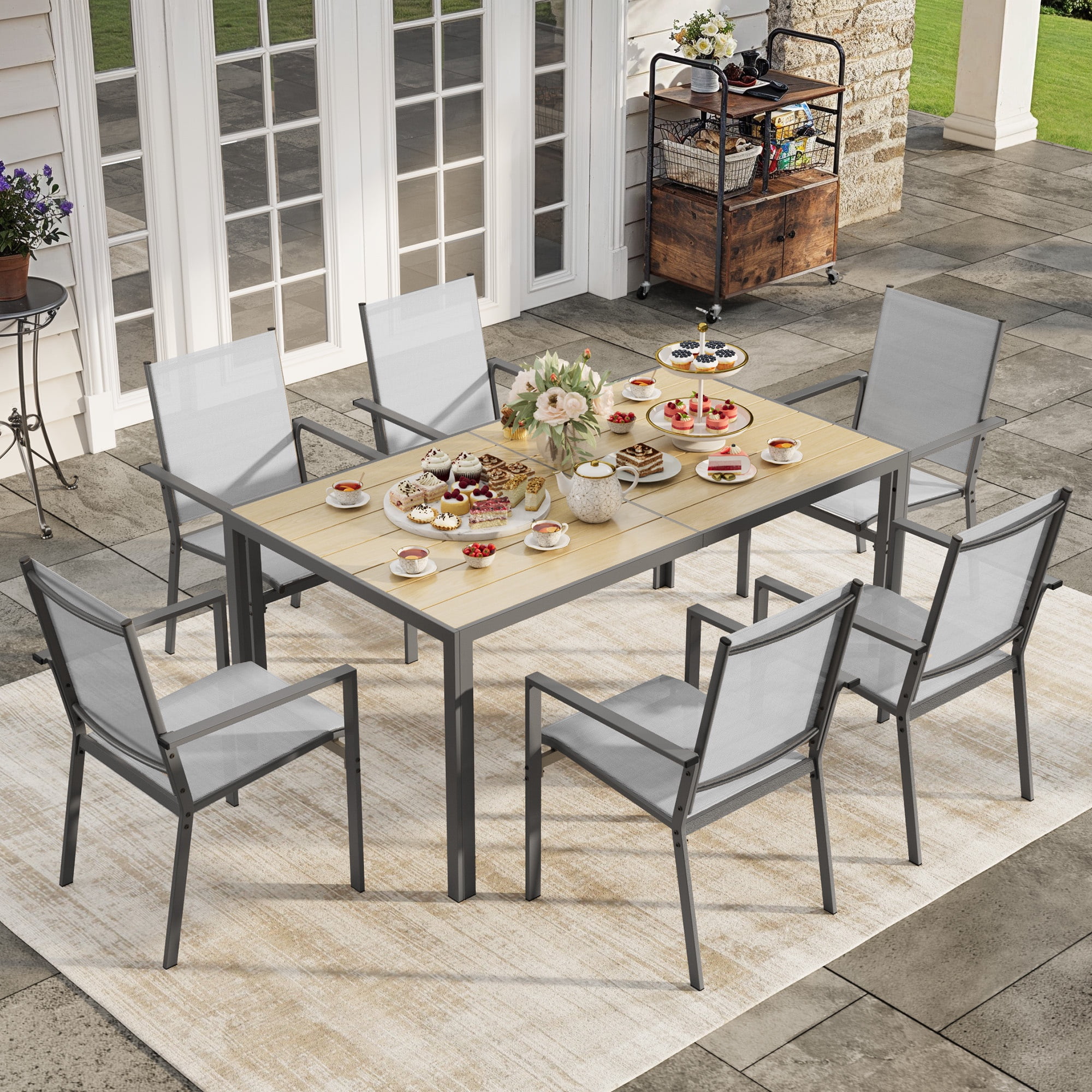 Asofer Outdoor Patio Dining Set with Metal Table and 6 Textilene Chairs (Gray, 7-Piece Set) dir7t