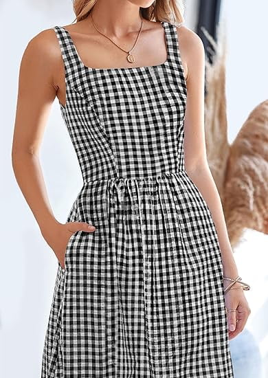 PRETTYGARDEN Women's Summer Spaghetti Strap Maxi Dress Plaid Square Neck A-Line Casual Beach Sundress (Black, XL) 7gk0j