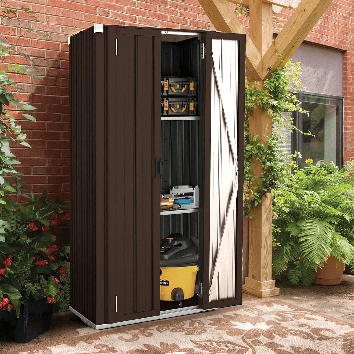 AECOJOY Outdoor Storage Cabinet Metal Organizer with Adjustable Shelves and Lockable Doors (Brown) bisja