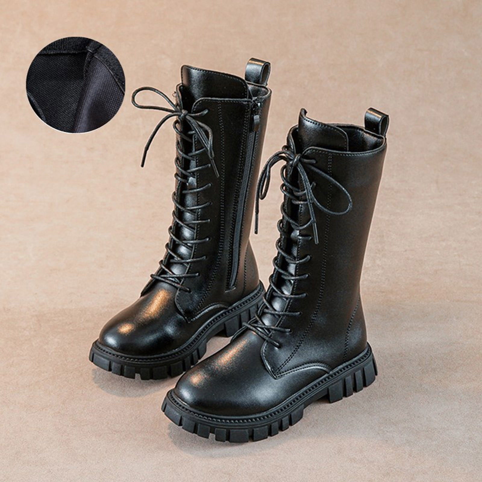 SZJXBUY Girls Combat Boots Mid Calf Lace Up Riding Shoes (Black, 4.5 US Big Kid) ra4hr