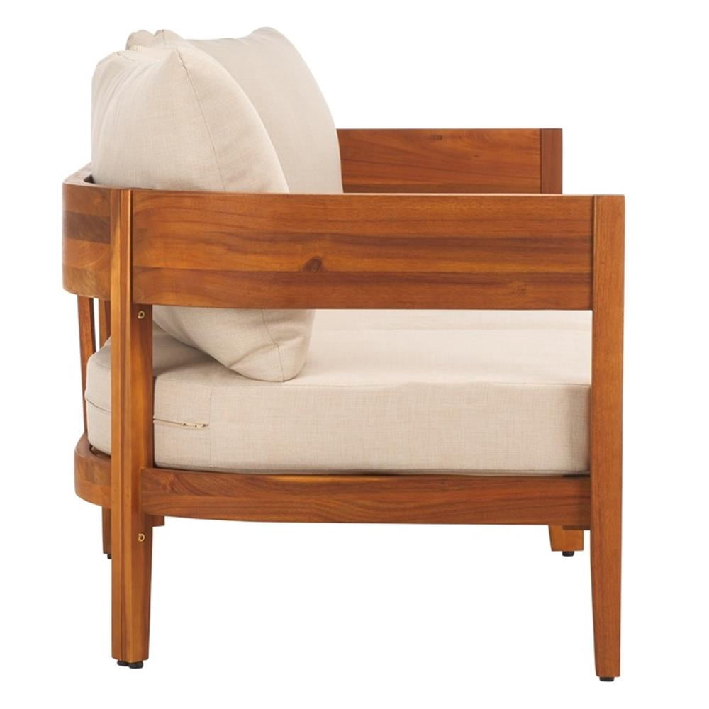 Pemberly Row Outdoor Teak Wood Sofa with Polyester Cushions (Natural/Taupe, 72 in) sf89j
