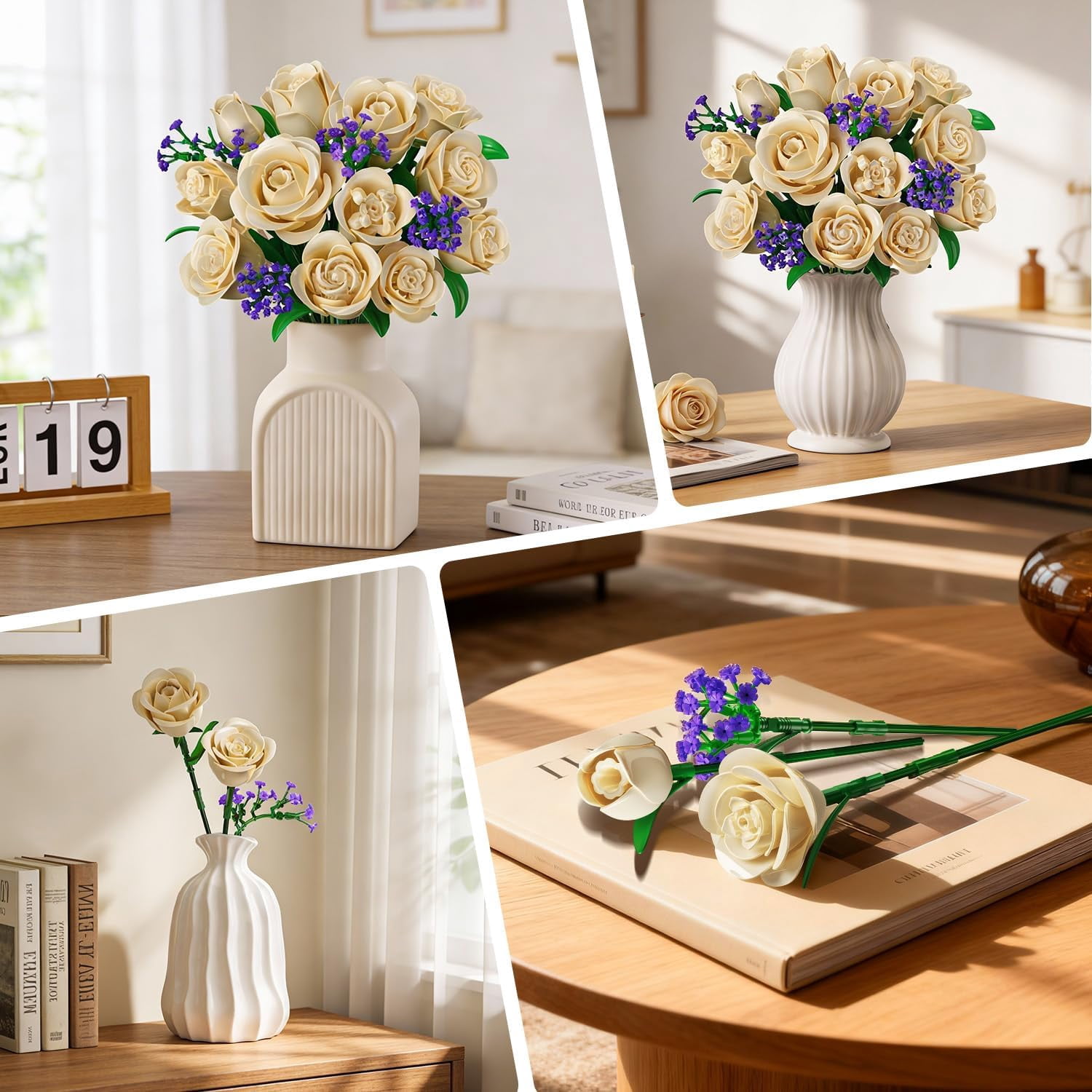 TERRAMUS White Rose Bouquet Building Set with LED Light, Floral Construction Blocks for Home Decor (White, 523 Pieces) o6jjt