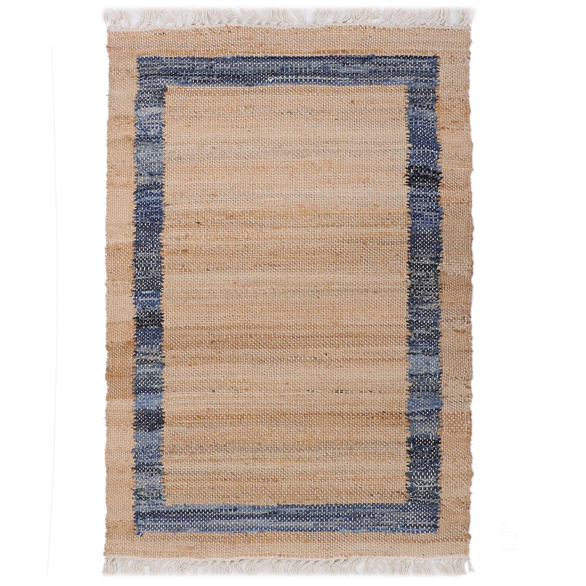 The Pioneer Woman Denim Jute Accent Rug, Rustic Organic Woven Floor Mat (Blue Border, 30 in x 46 in) g4n7f