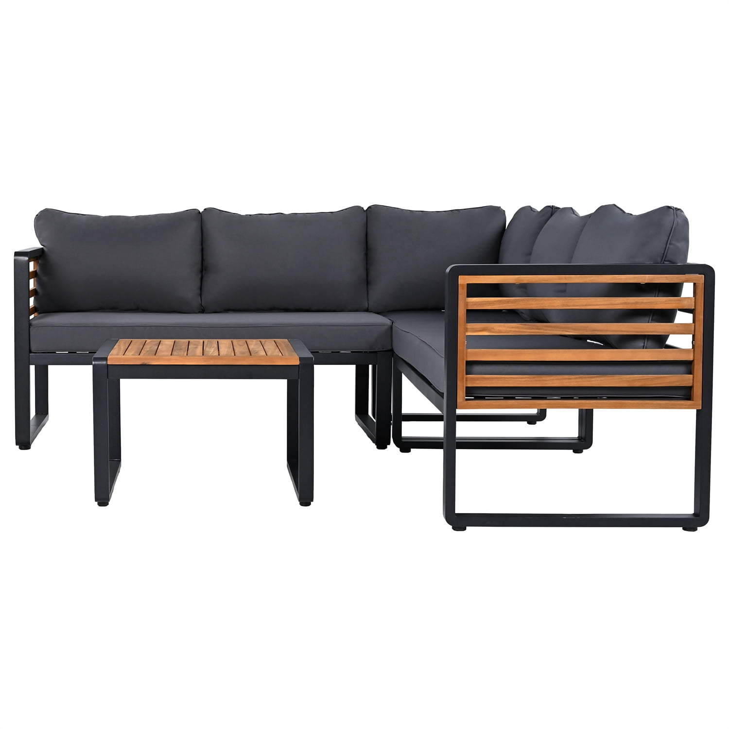 YIORTWO 4-Piece Outdoor Patio Furniture Set, L-Shaped Sectional Sofa with Gray Cushions and Acacia Wood Coffee Table (Black Metal Frame, 4-Piece Set) tm9zi