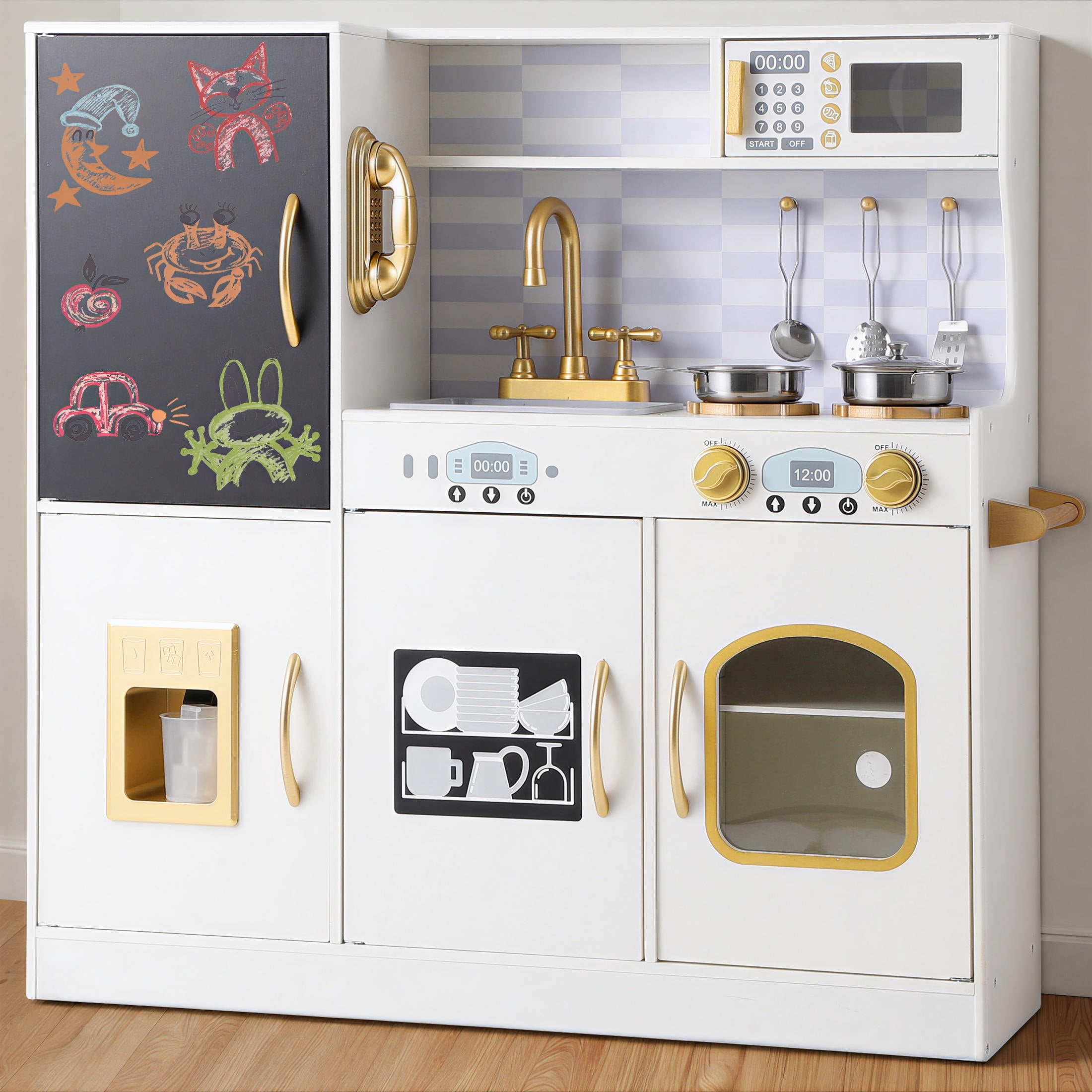 COCLUB Wooden Kids Play Kitchen Set with Chalkboard, Ice Maker, and Cookware Accessories (White, 33.07 in x 10.62 in x 31.5 in) zl9uh