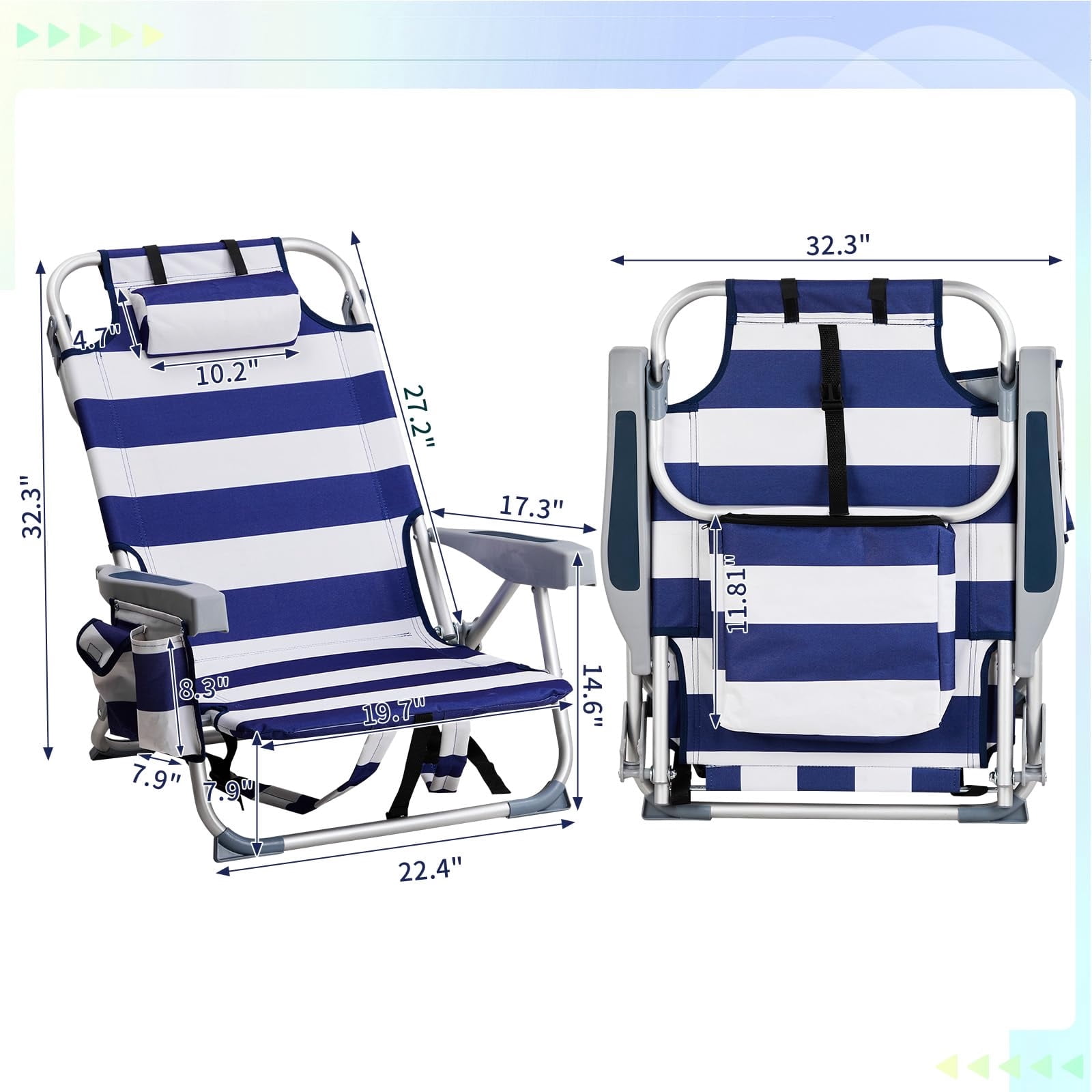 ECommerce,LLC Backpack Beach Chair, 5-Position Reclining Folding Chair with Cooler and Storage Pouch (Blue and White, 7.3 lb) 3fiwj