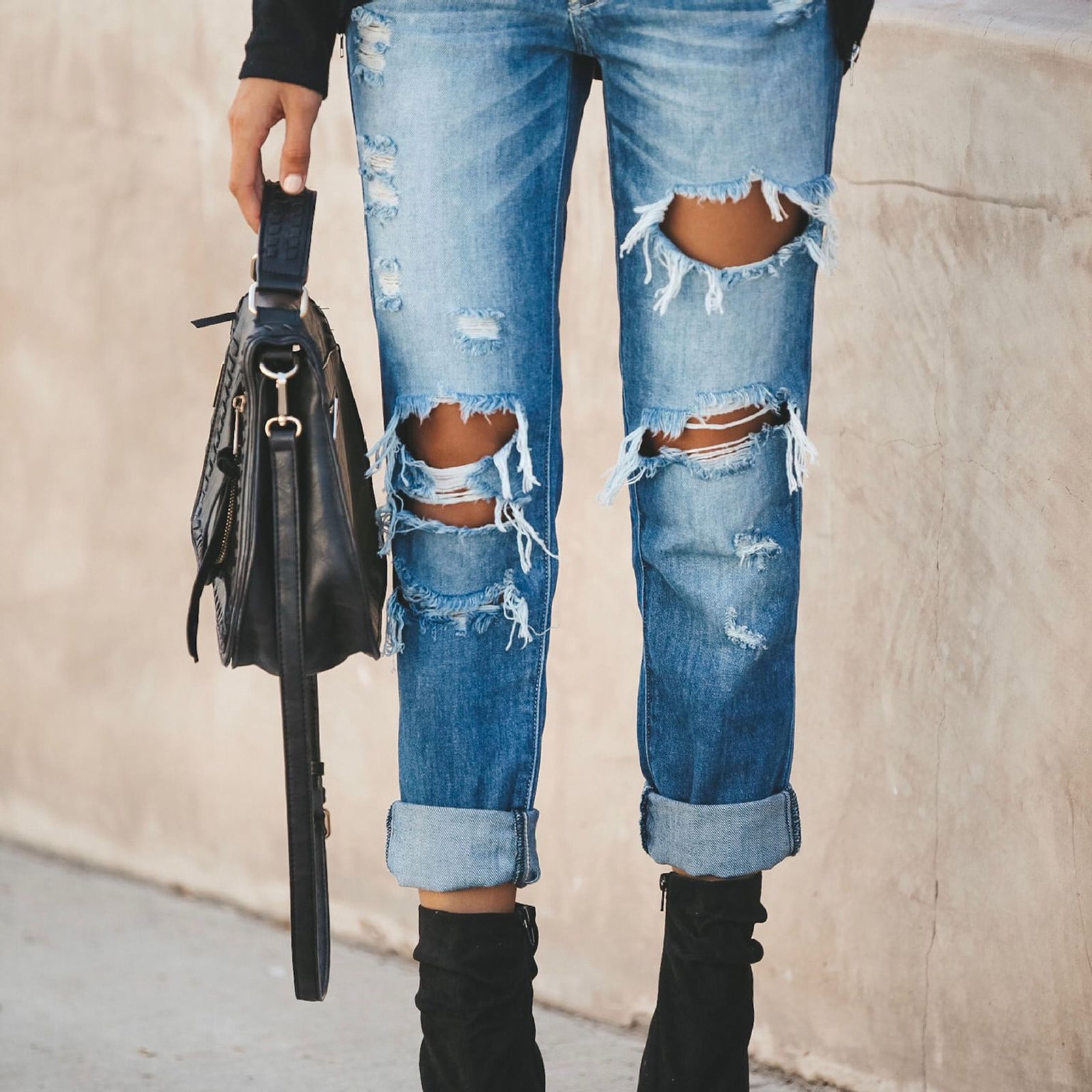 TaTaai Womens High Waist Straight Leg Distressed Jeans (Blue, Medium) axz75