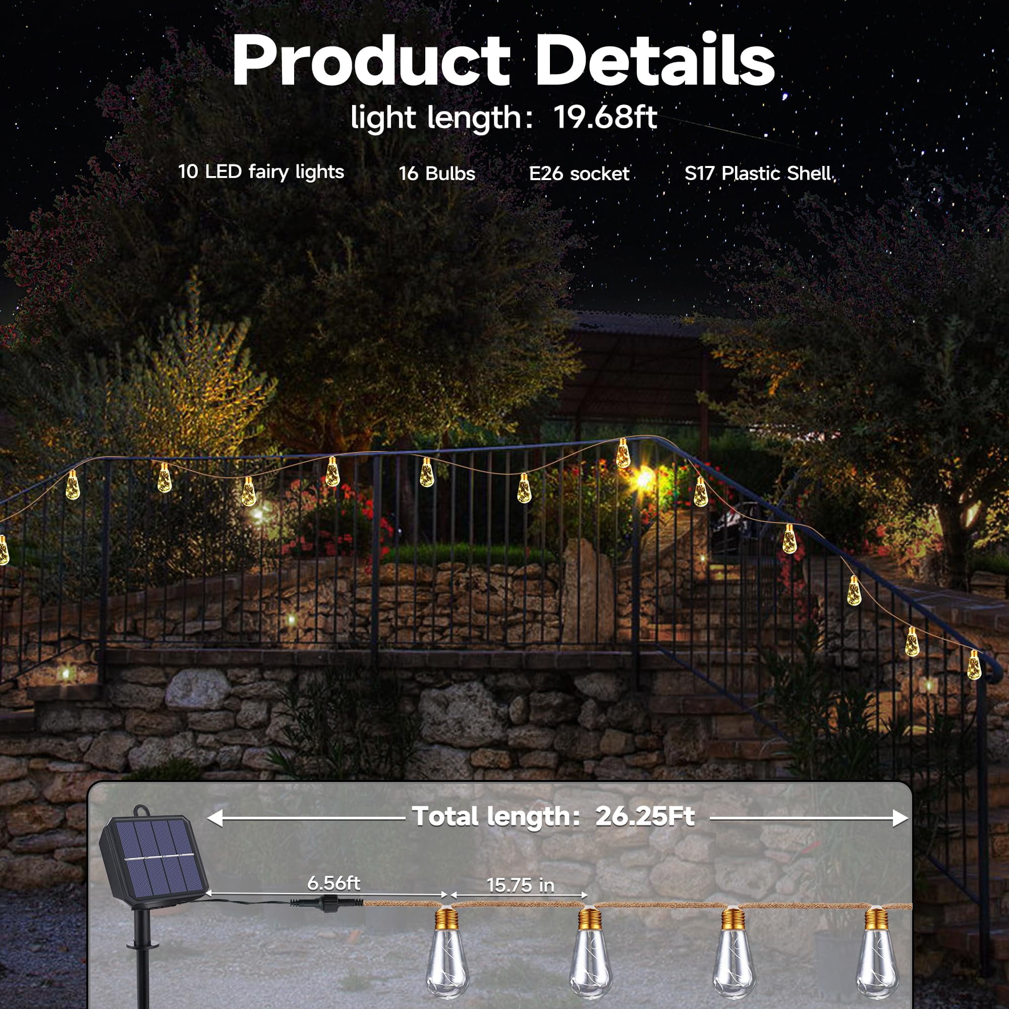 Ceevoo Solar Outdoor String Lights, Vintage Hemp Rope Patio Lighting, Waterproof Warm White LED Decor (20 ft, 16 Bulbs) b1nf5