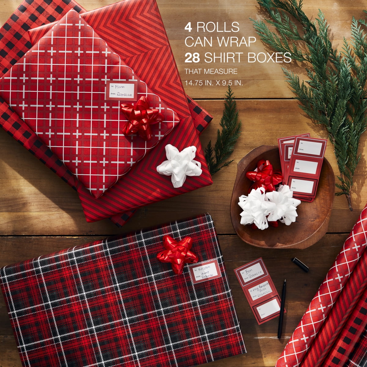American Greetings Christmas Wrapping Paper Set with Gridlines, Bows, and Gift Tags (Red, 4 Rolls, 48 ft Total) w7bsr