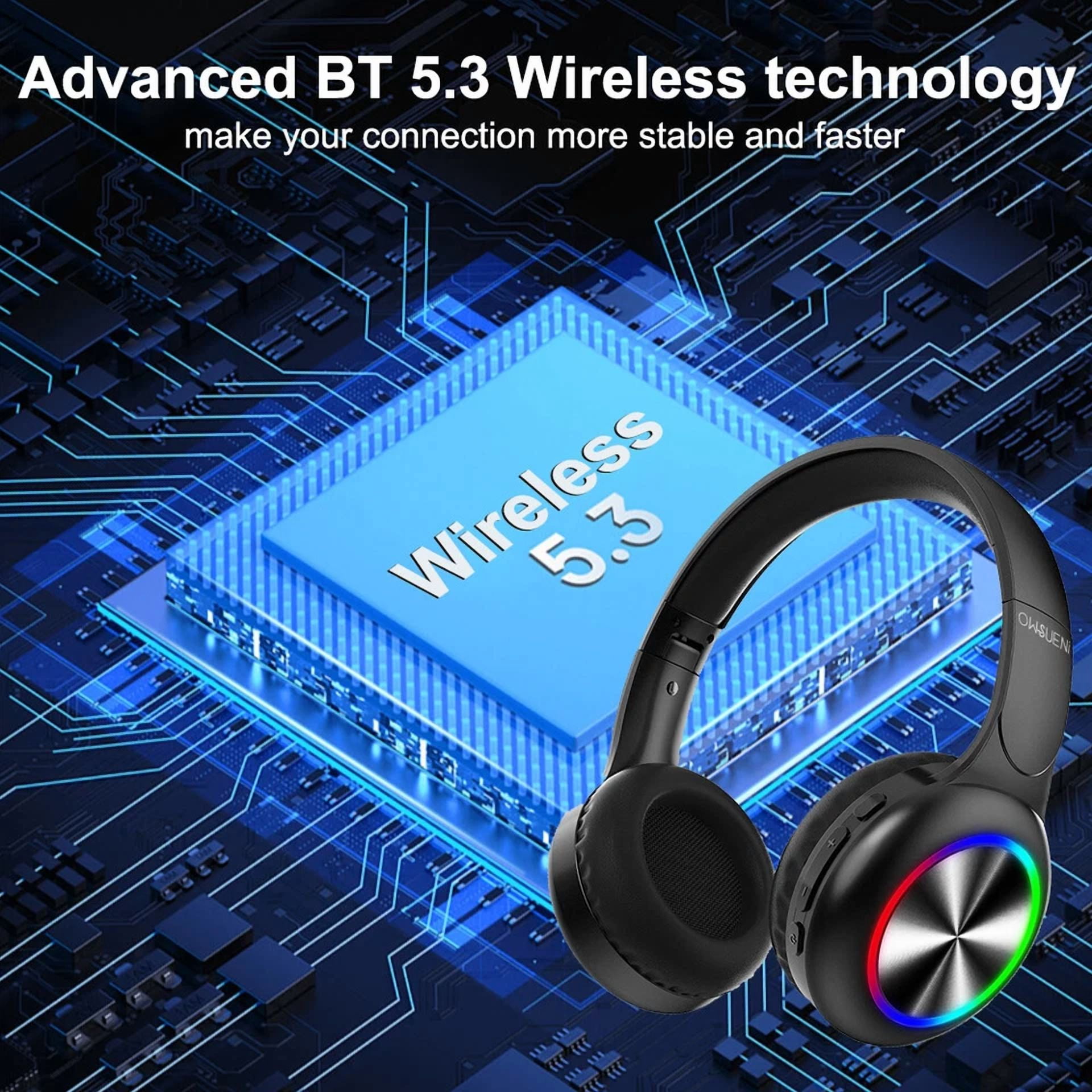 Rhea Wireless Bluetooth 5.3 Headphones with LED Lights and Built-in HD Microphone (Black, One Size) 0pyhe