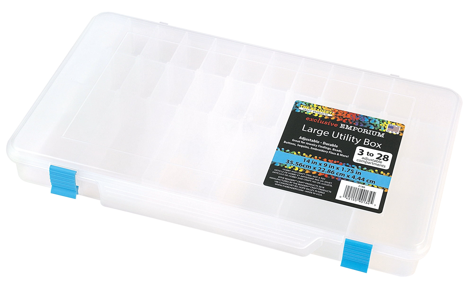 The Beadery Large Utility Storage Box with 28 Adjustable Compartments (Clear, 14 in x 9 in x 1.75 in) tfnmz
