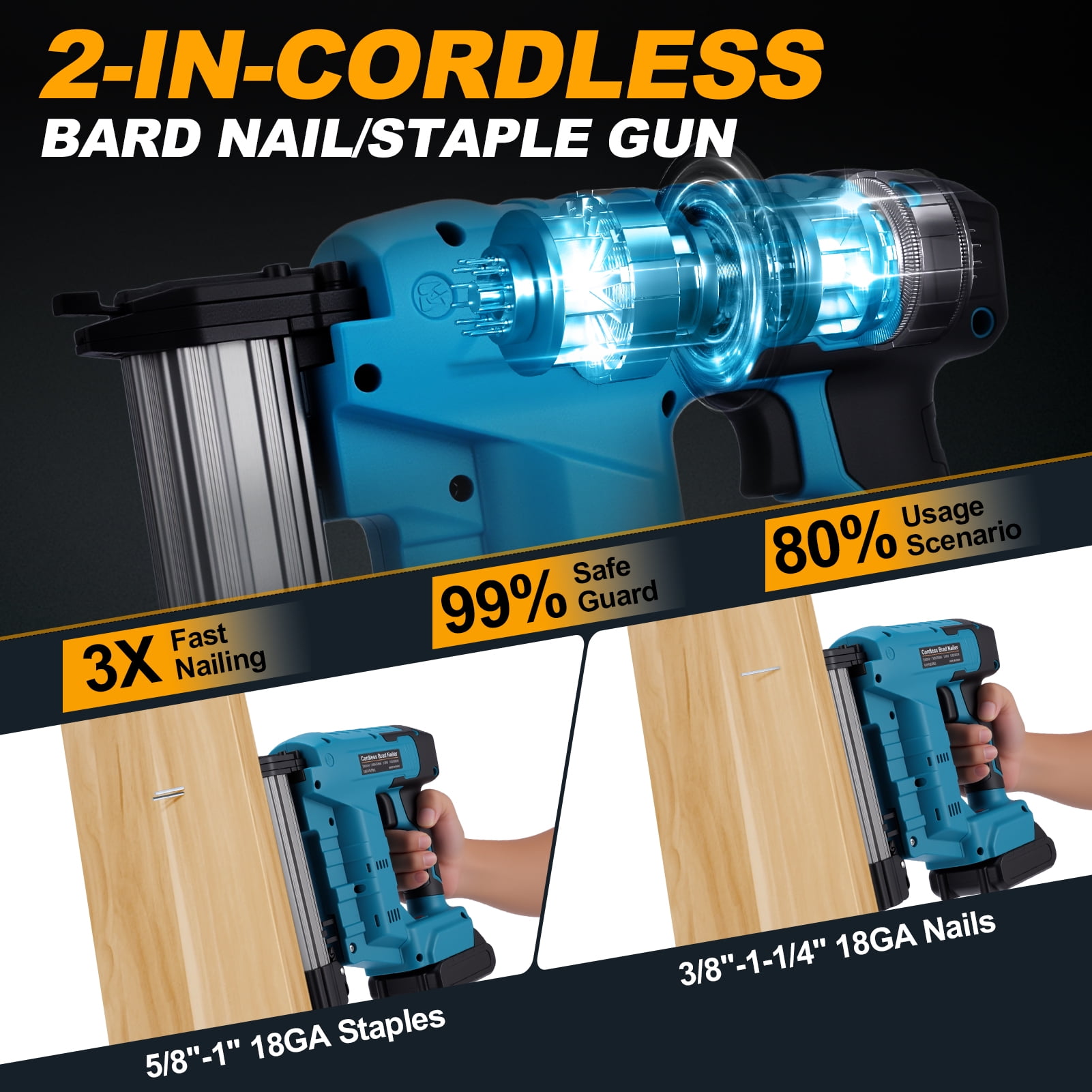 Ldyso Cordless Brushless Nail Gun, 18 Gauge 2-in-1 Brad Nailer and Staple Gun Kit with 2 Batteries, Charger, and 2000 Fasteners (20V) gmwvt