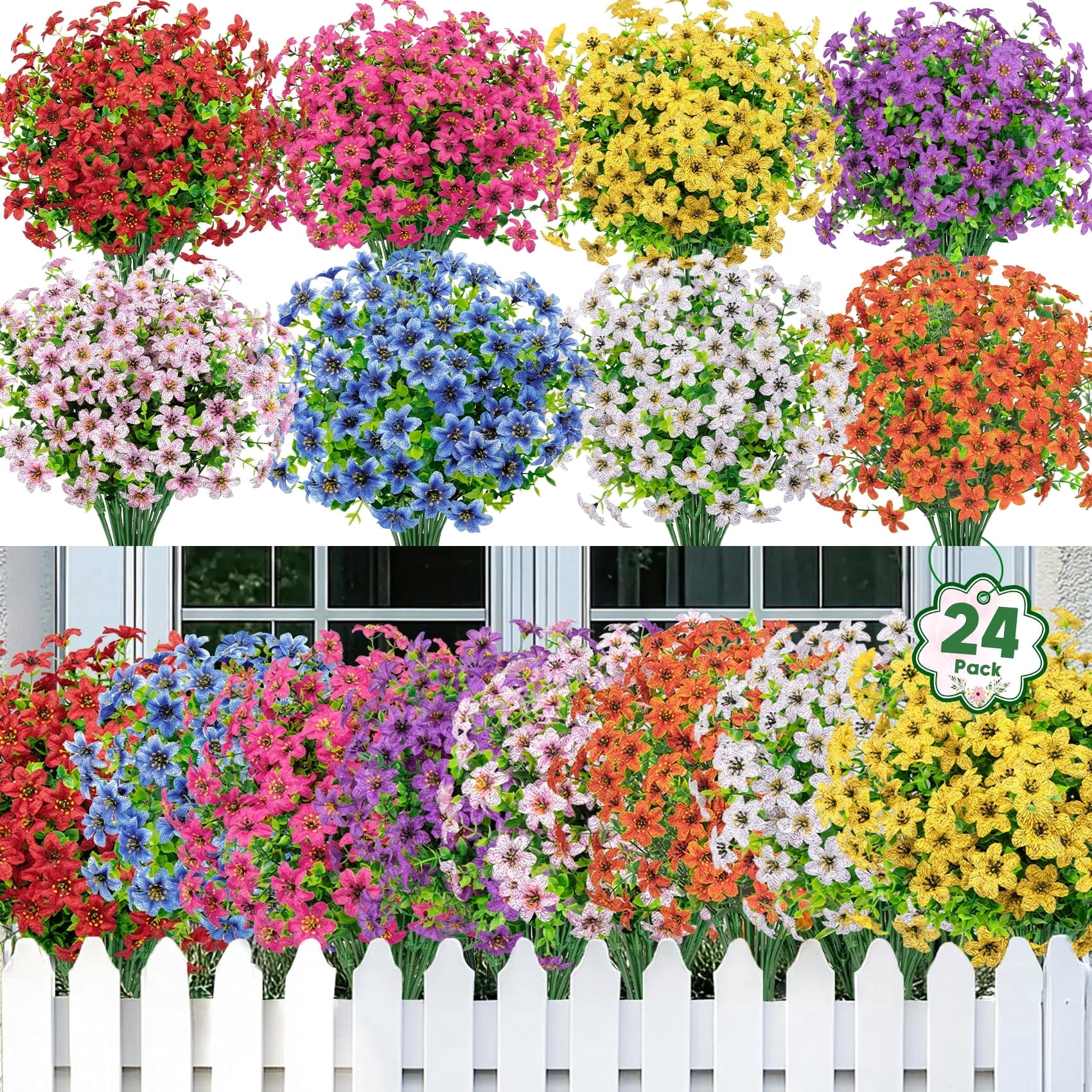 AcerichFad Artificial Silk Flowers for Outdoor Decor, UV-Resistant Faux Plants for Garden and Patio (Multicolor, 24 Bundles, 13.8 in) y9mgd