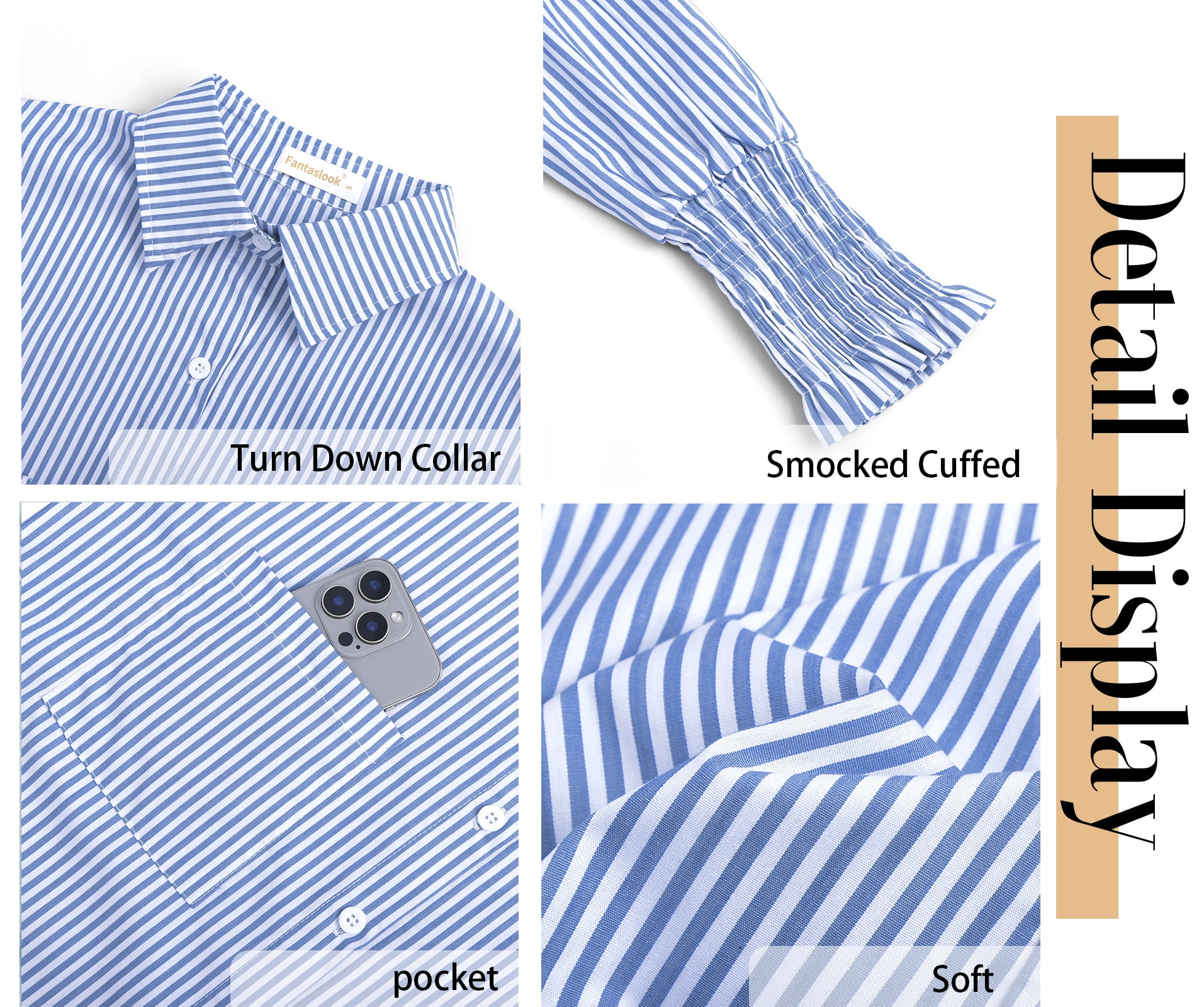 Fantaslook Women's Striped Button Down Shirt Long Sleeve Blouse with Pocket (Blue, M) 43399