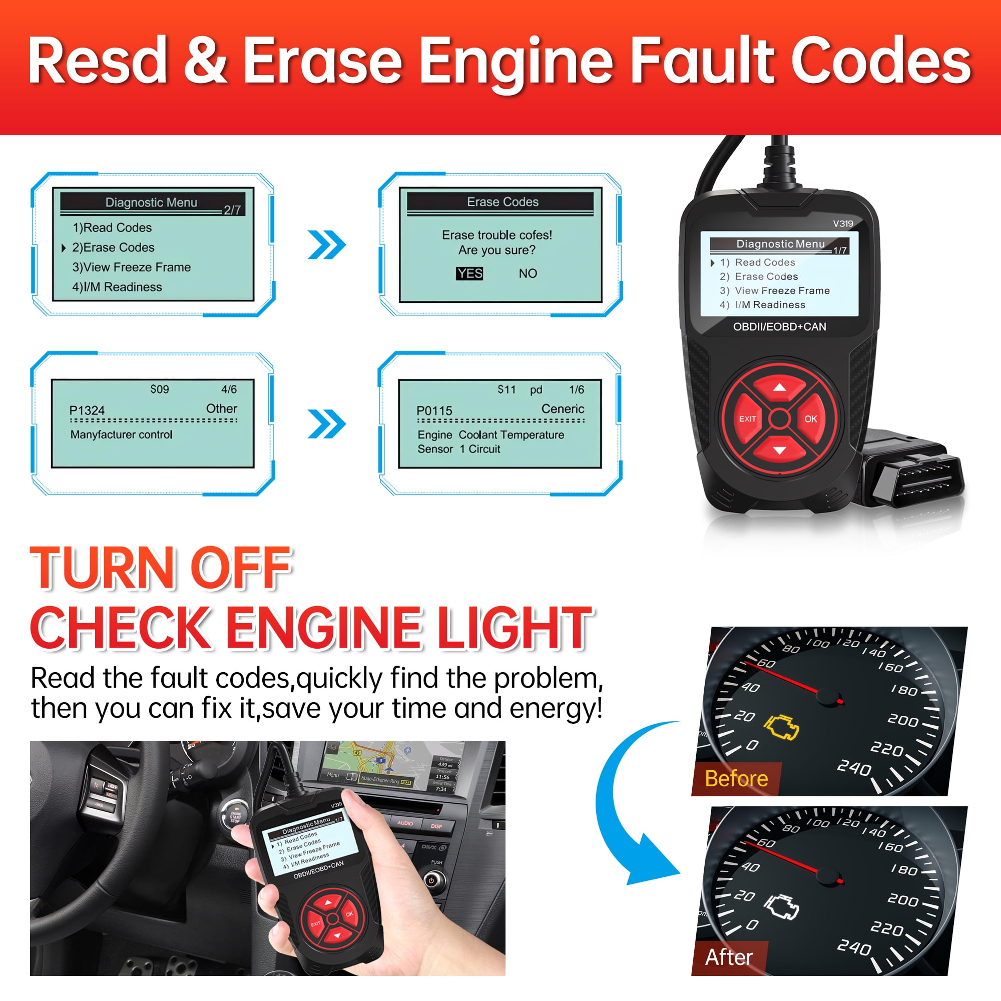 Sentryse OBD2 Scanner Diagnostic Tool, Car Code Reader for Check Engine Light (Red, 1 Pack) vezzi