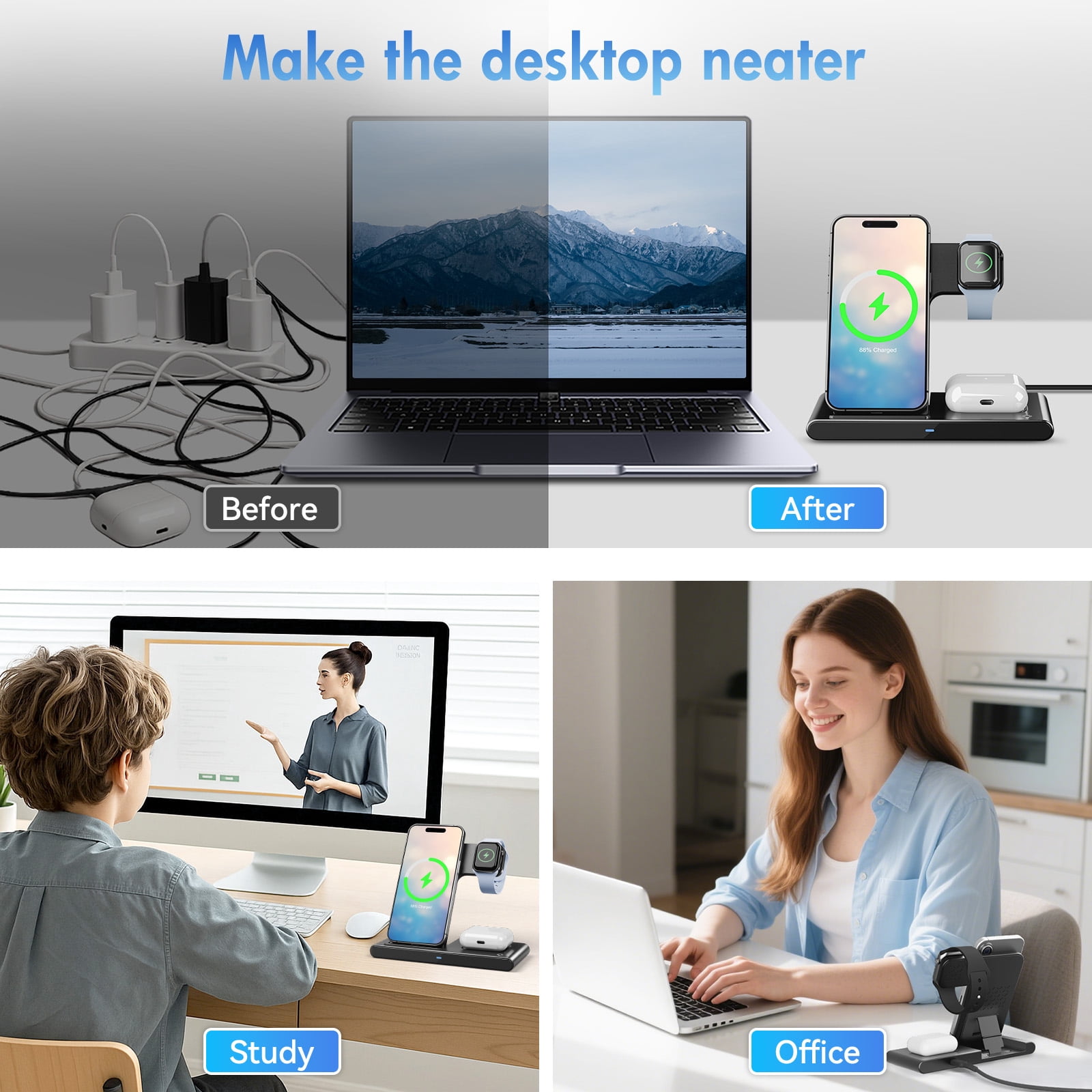BAOKALER 3-in-1 Wireless Charging Station, Fast Charging Dock for iPhone, Apple Watch, and AirPods (Black, 15W) on0yj