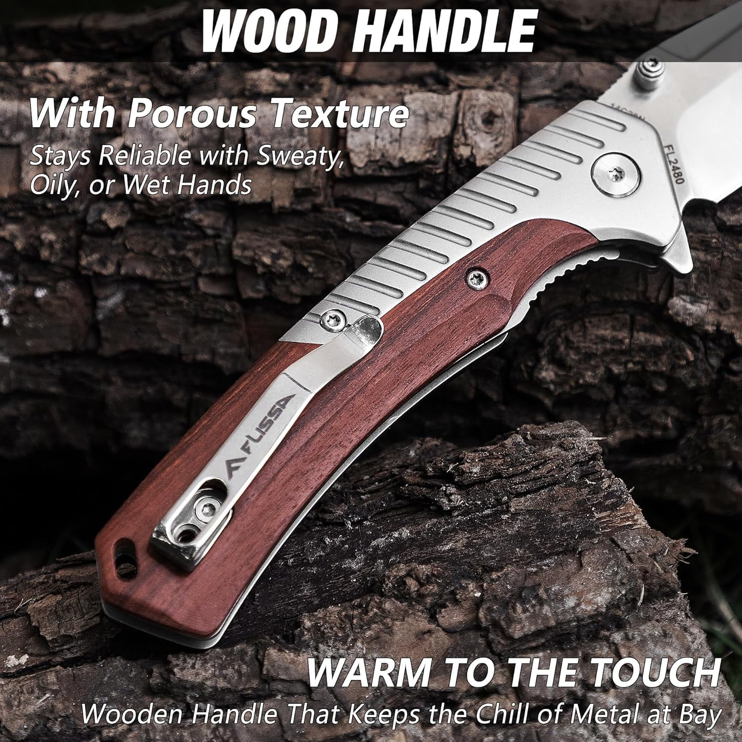FLISSA Folding Pocket Knife, 14C28N Steel Blade with Wood Handle, EDC Camping Tool (Brown, 3.35 in Blade) ytvyy