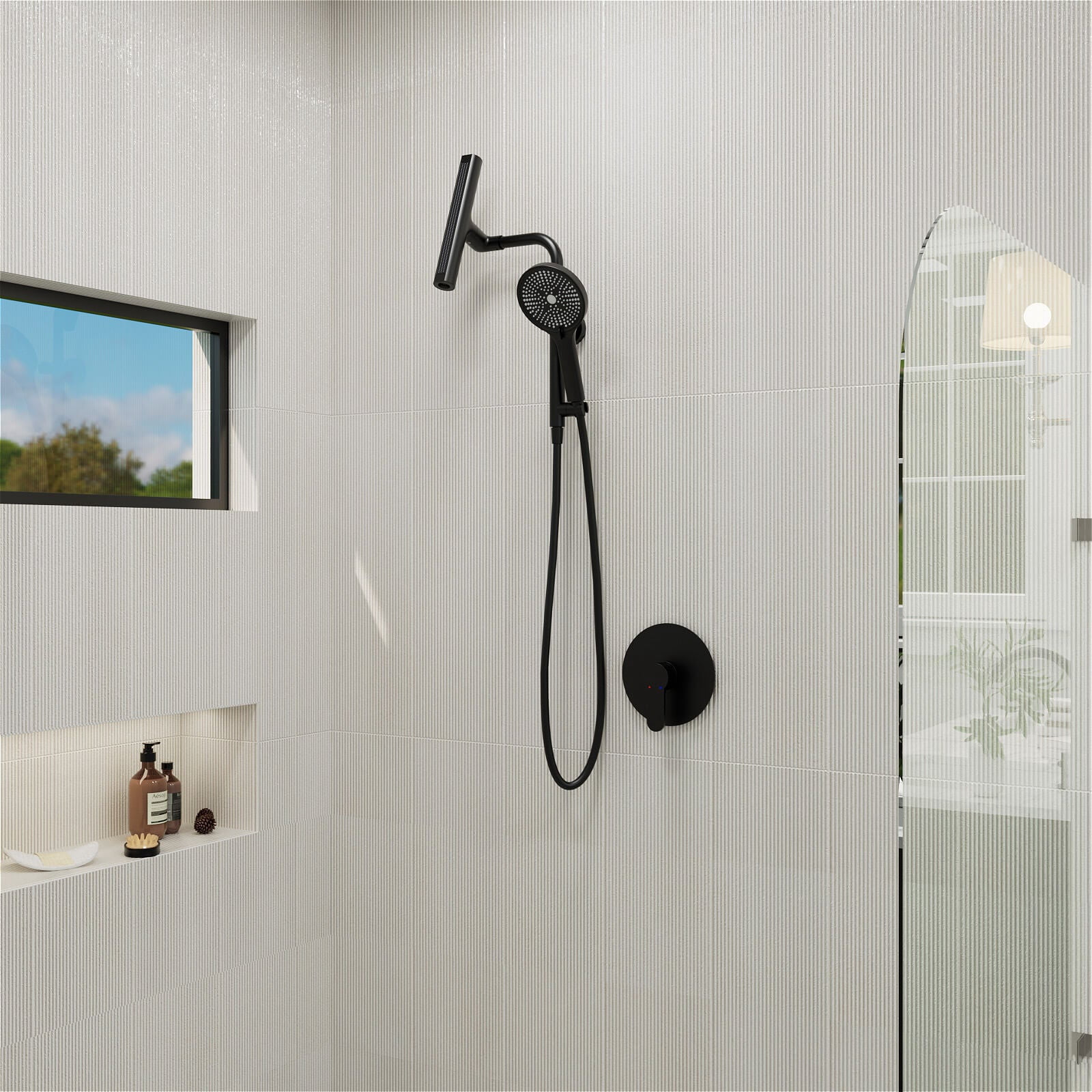 Giving Tree Wall Bar Shower System with 360° Rotating Fixed Head and 6-Spray Handheld (Matte Black) 5ernq