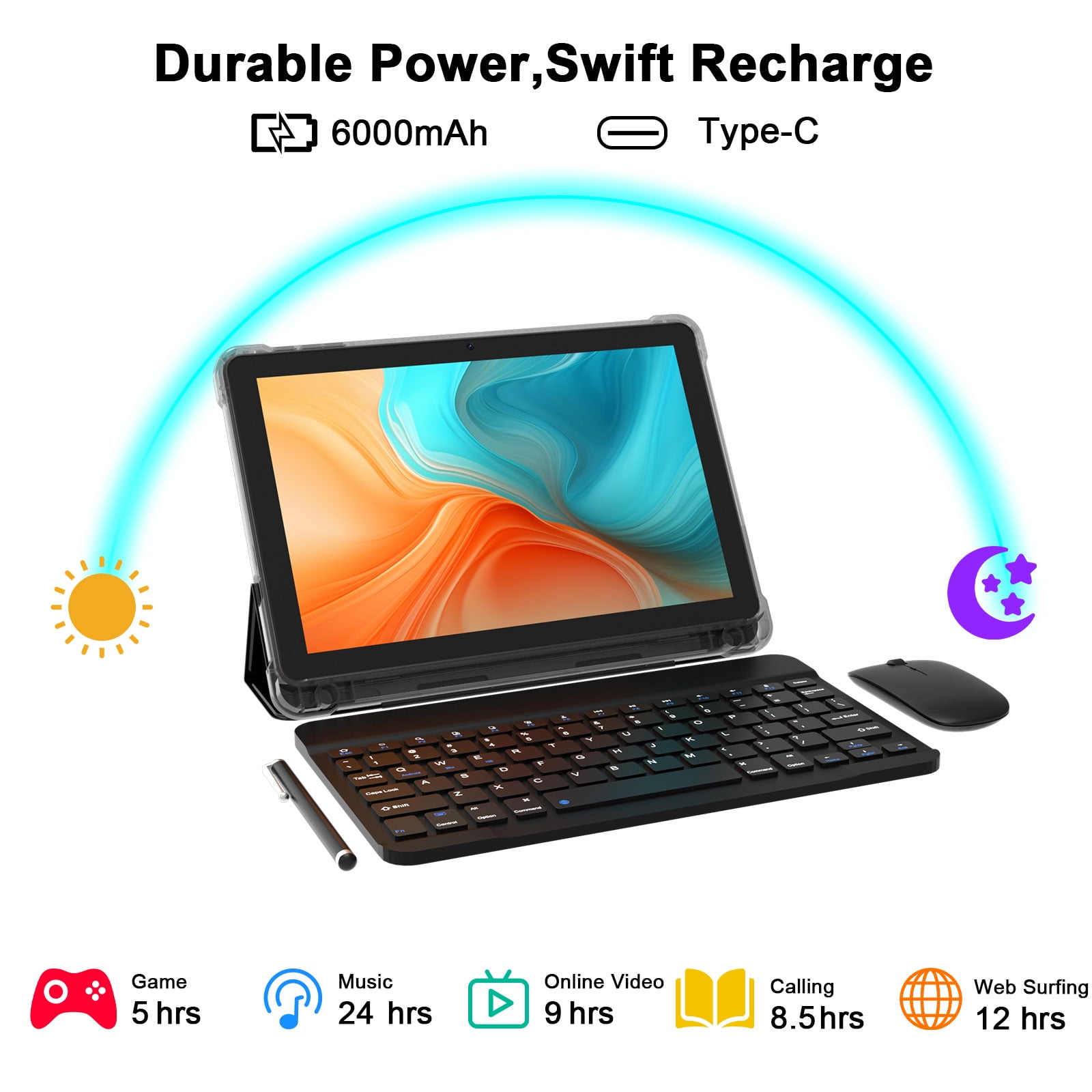 CUPEISI Android 15 Tablet 10.1 Inch (20GB RAM, 128GB ROM, 2TB Expandable, WiFi 6, Black, 2-in-1 Set with Keyboard, Mouse, Stylus) b6z46