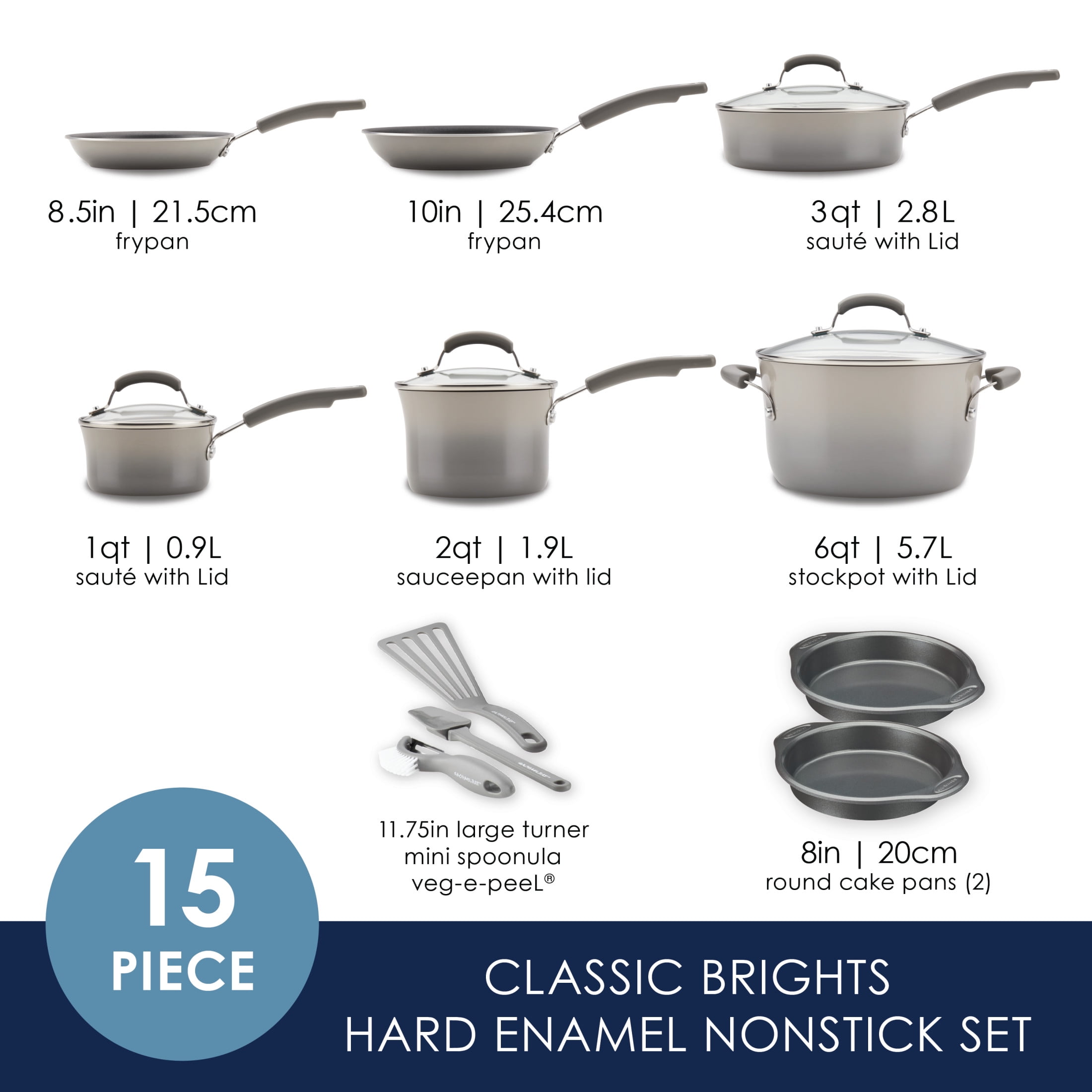 Rachael Ray 15 Piece Hard Enamel Nonstick Cookware Set (Gray, 15 Piece) phfly