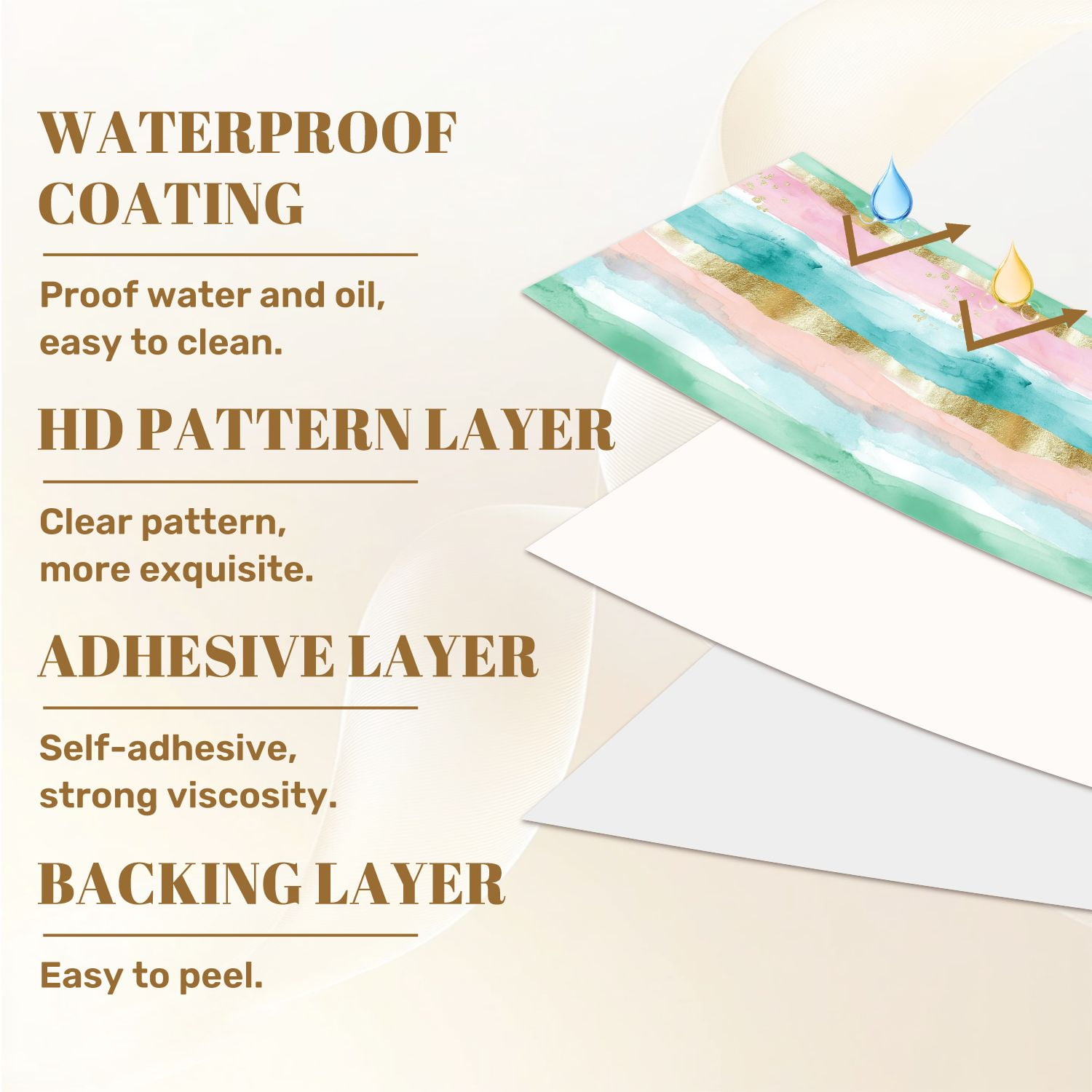 Kanworse Boho Peel and Stick Wallpaper Abstract Watercolor Stripes with Gold Accents (Gold, 17.7 in x 9.8 ft) fazqc