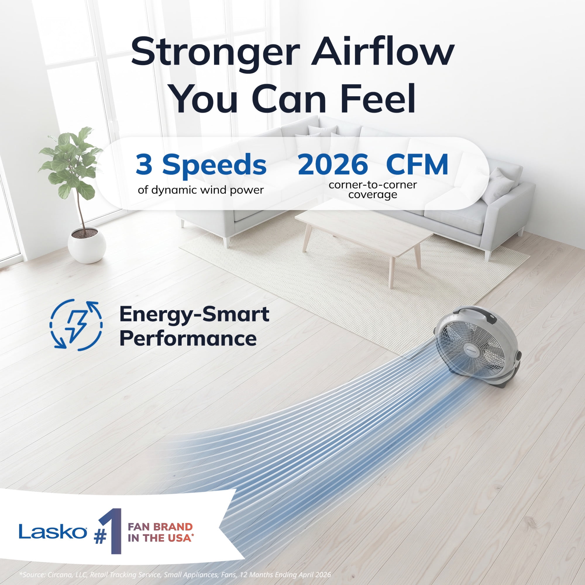Lasko WindMachine 20 in High Performance Floor Fan, Pivoting Head Air Circulator for Whole Room Cooling (Gray, 20 in) klrro