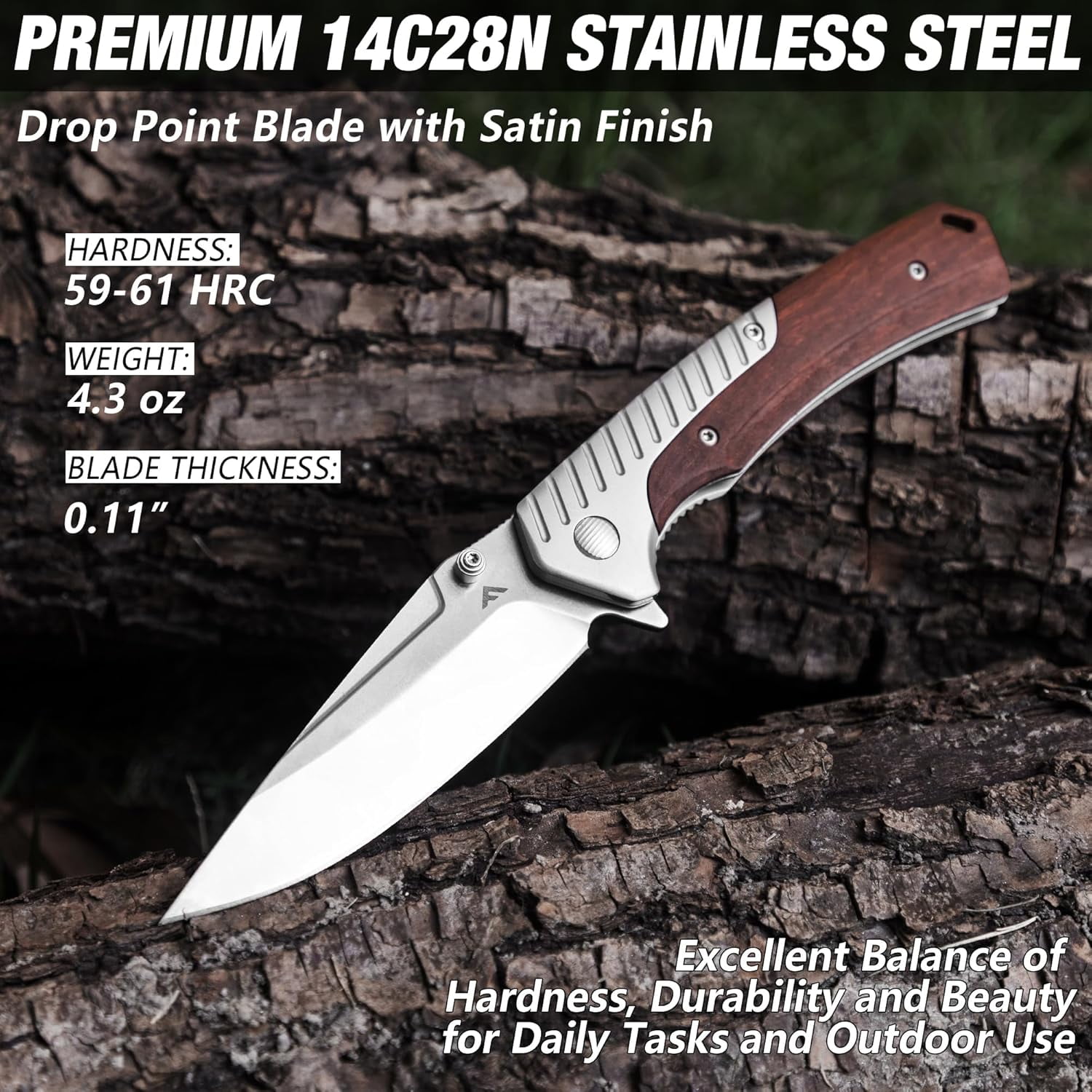 FLISSA Folding Pocket Knife, 14C28N Steel Blade with Wood Handle, EDC Camping Tool (Brown, 3.35 in Blade) ytvyy