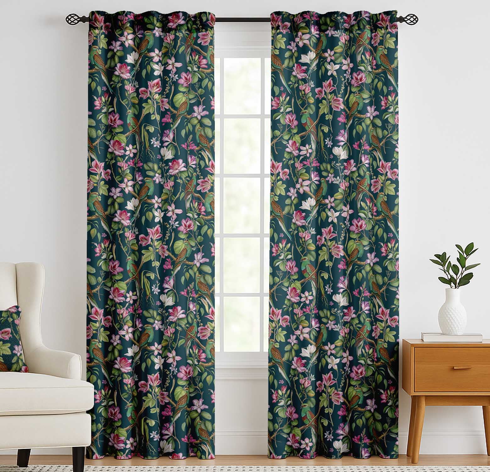 Vargottam Cotton Window Curtains, Light Filtering Drapes with Bird Print (Green, 52 in x 63 in, Set of 2) hs0ru