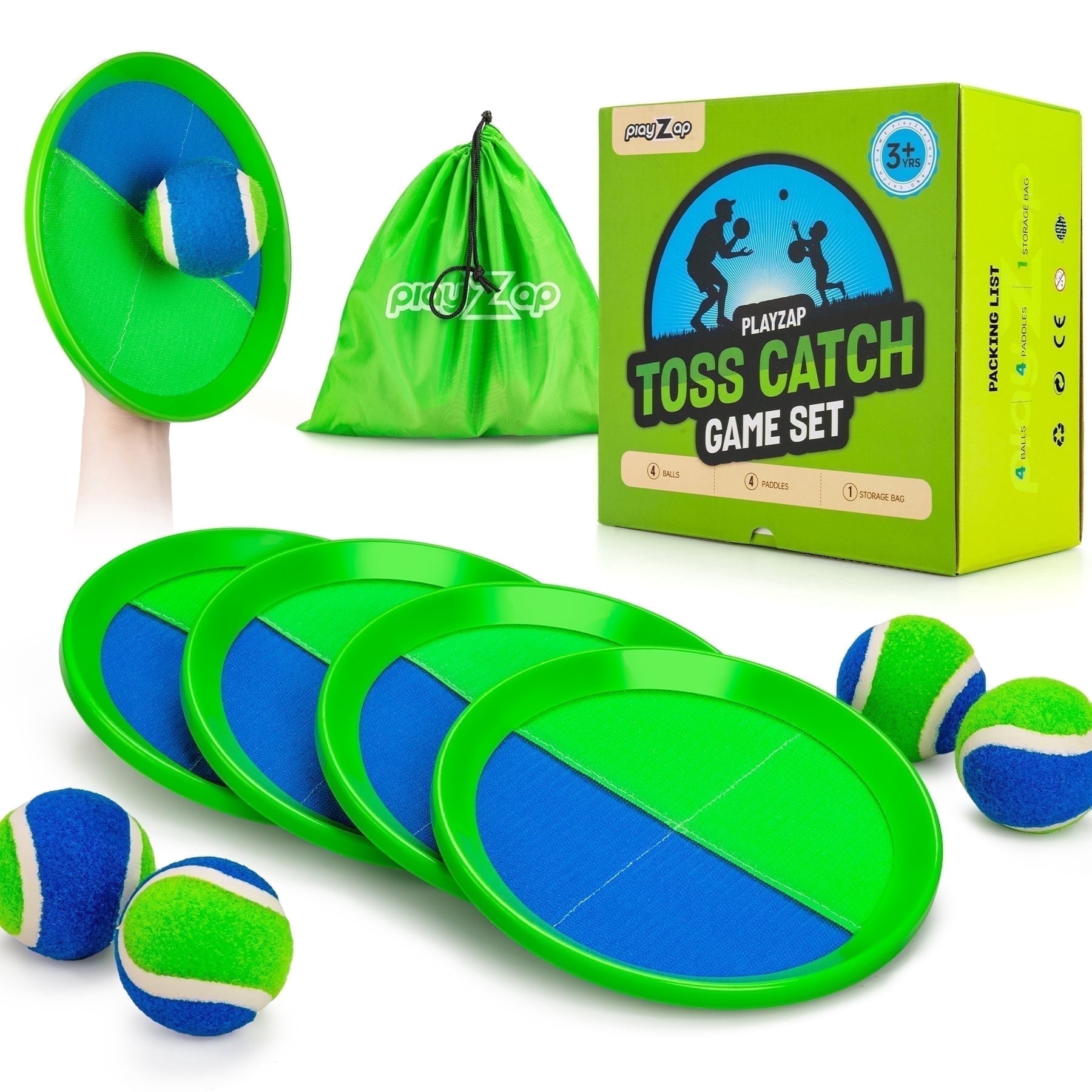 PlayZap Toss and Catch Ball Set, Outdoor Backyard and Beach Game with Adjustable Straps (Blue, 8 in Paddles, 4-Pack) cwhz4