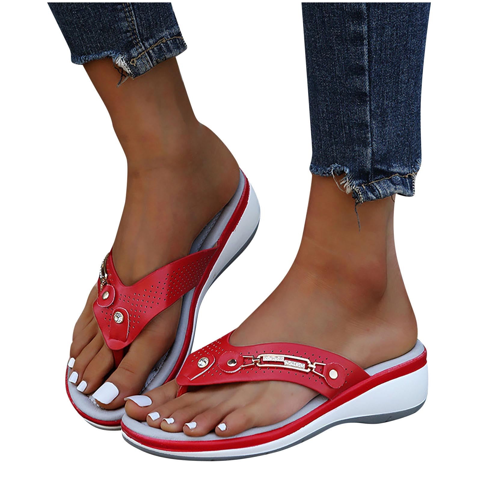 Sawvnm Orthopedic Wedge Sandals for Women Arch Support Open Toe Beach Slippers (Red, US 4.5) g1rd8