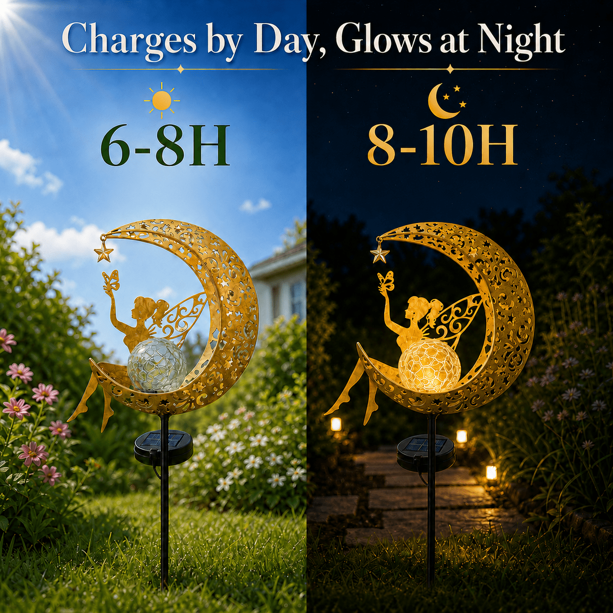 Mehoom Moon Fairy Solar Garden Lights, Decorative Outdoor Pathway Lighting (Gold, 32 in) nv92e